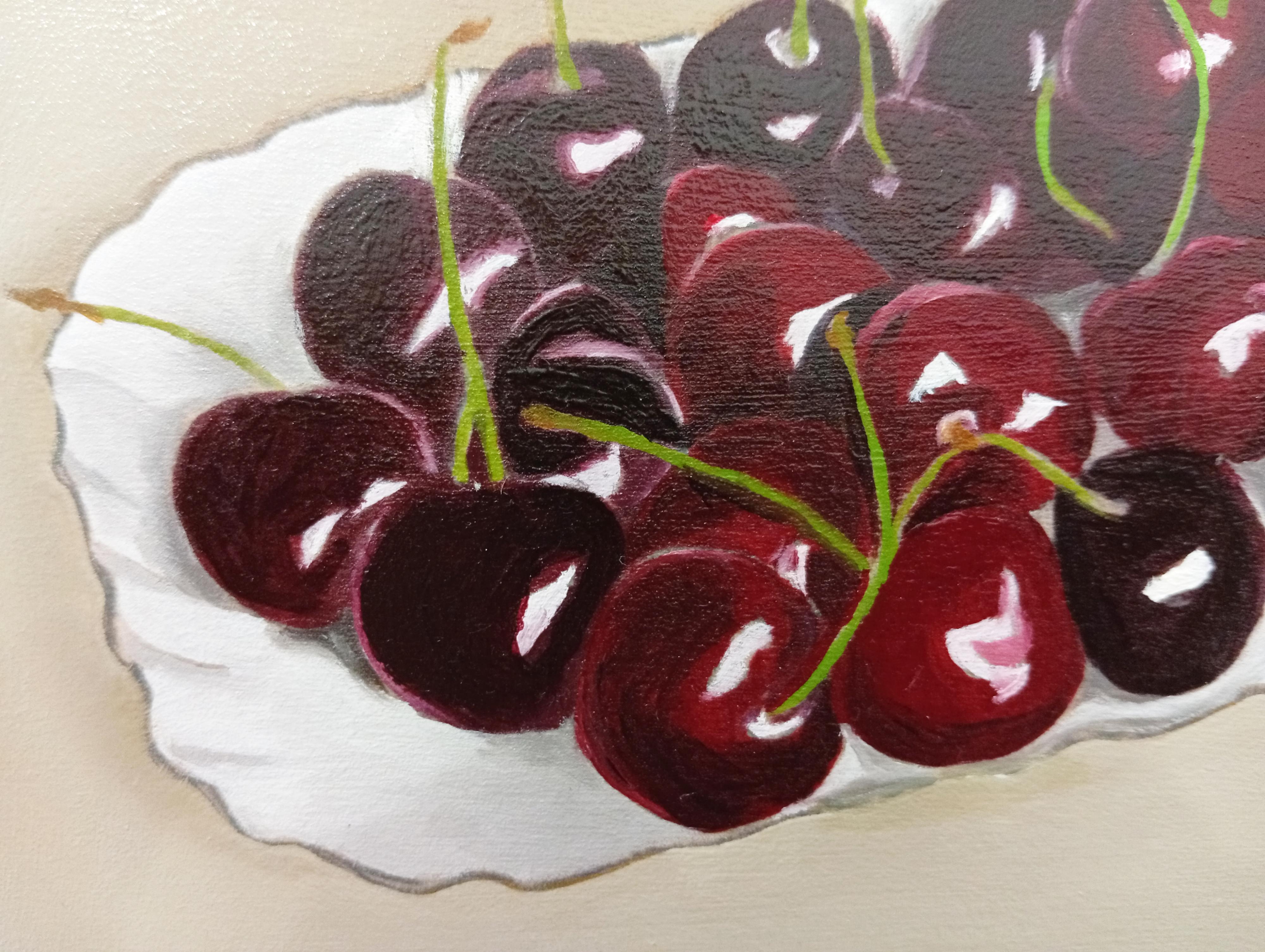 Still Life with Red Cherries, Original Oil painting, Contemporary Art - Painting by Gabriel Riesnert