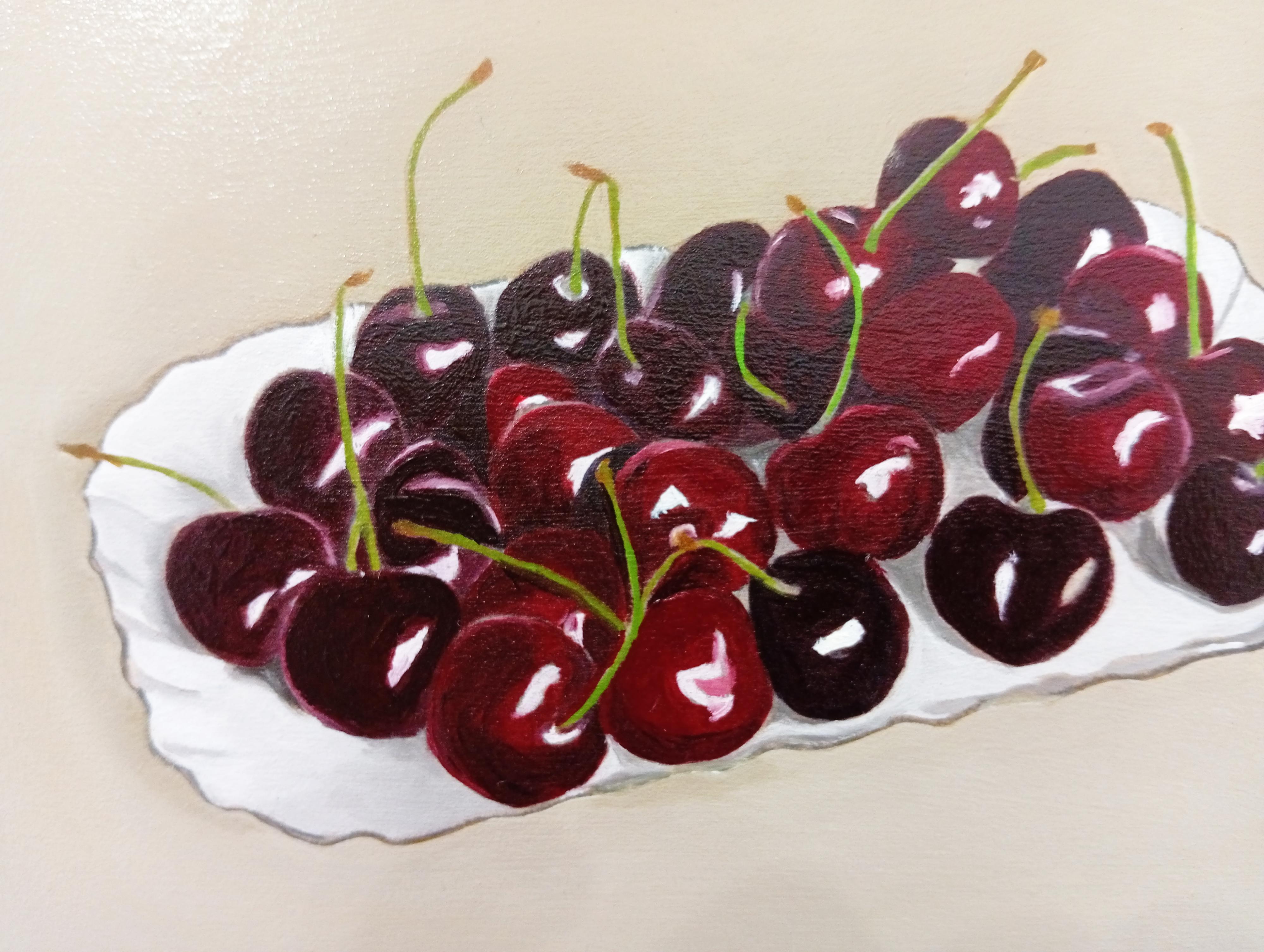 Still Life with Red Cherries, Original Oil painting, Contemporary Art - Photorealist Painting by Gabriel Riesnert
