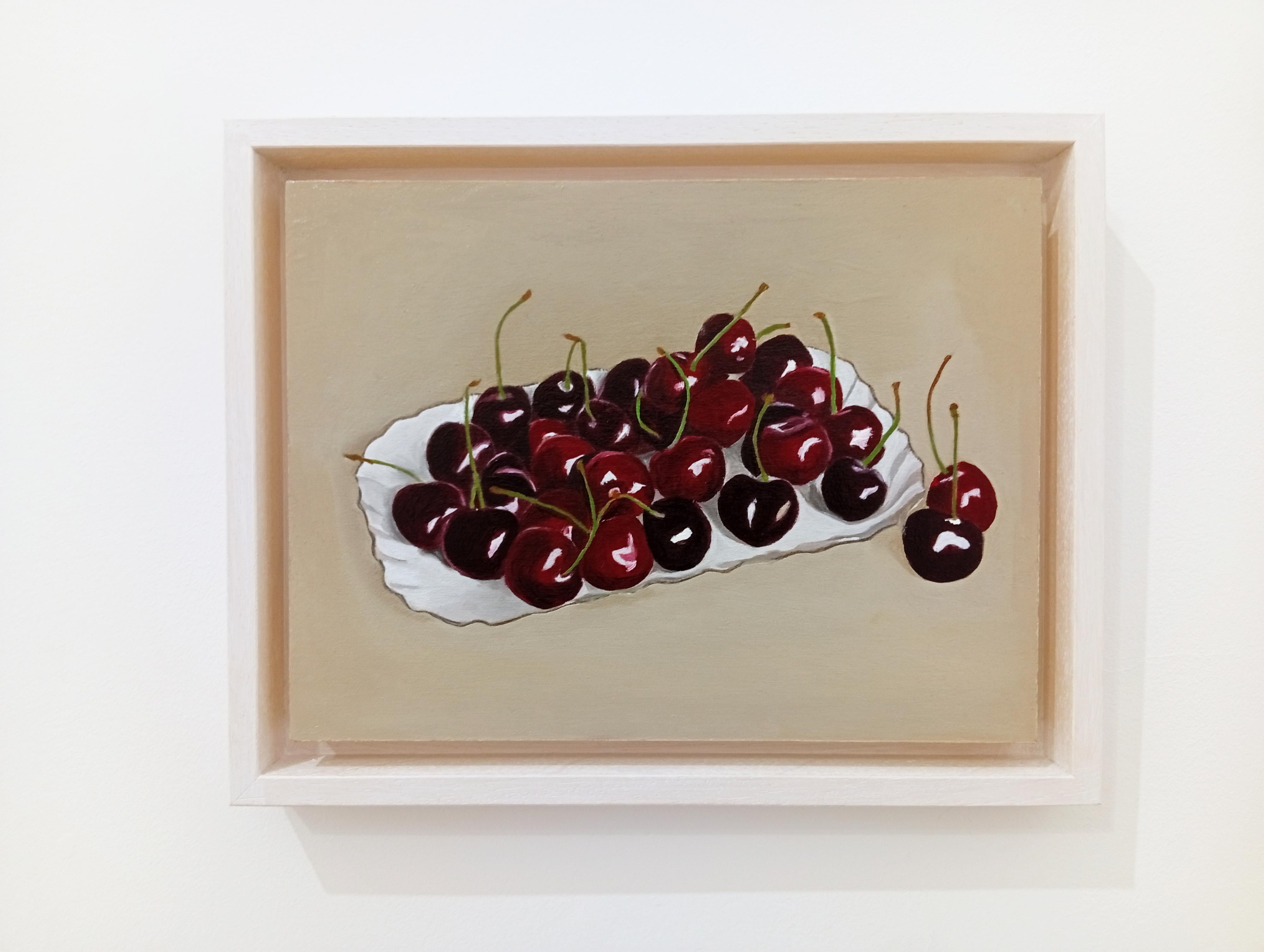 Still Life with Red Cherries, Original Oil painting, Contemporary Art - Beige Interior Painting by Gabriel Riesnert