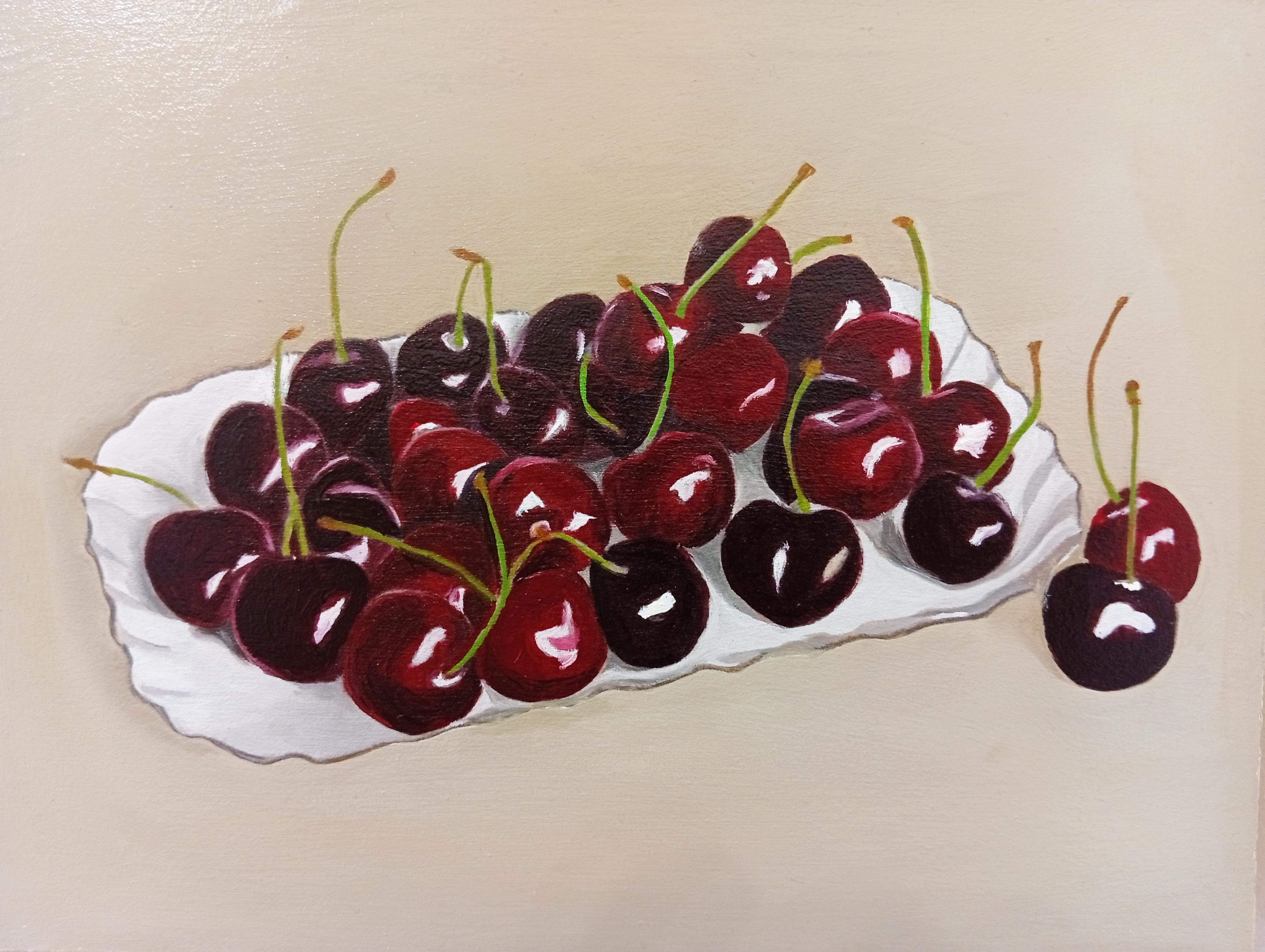 Gabriel Riesnert Interior Painting - Still Life with Red Cherries, Original Oil painting, Contemporary Art