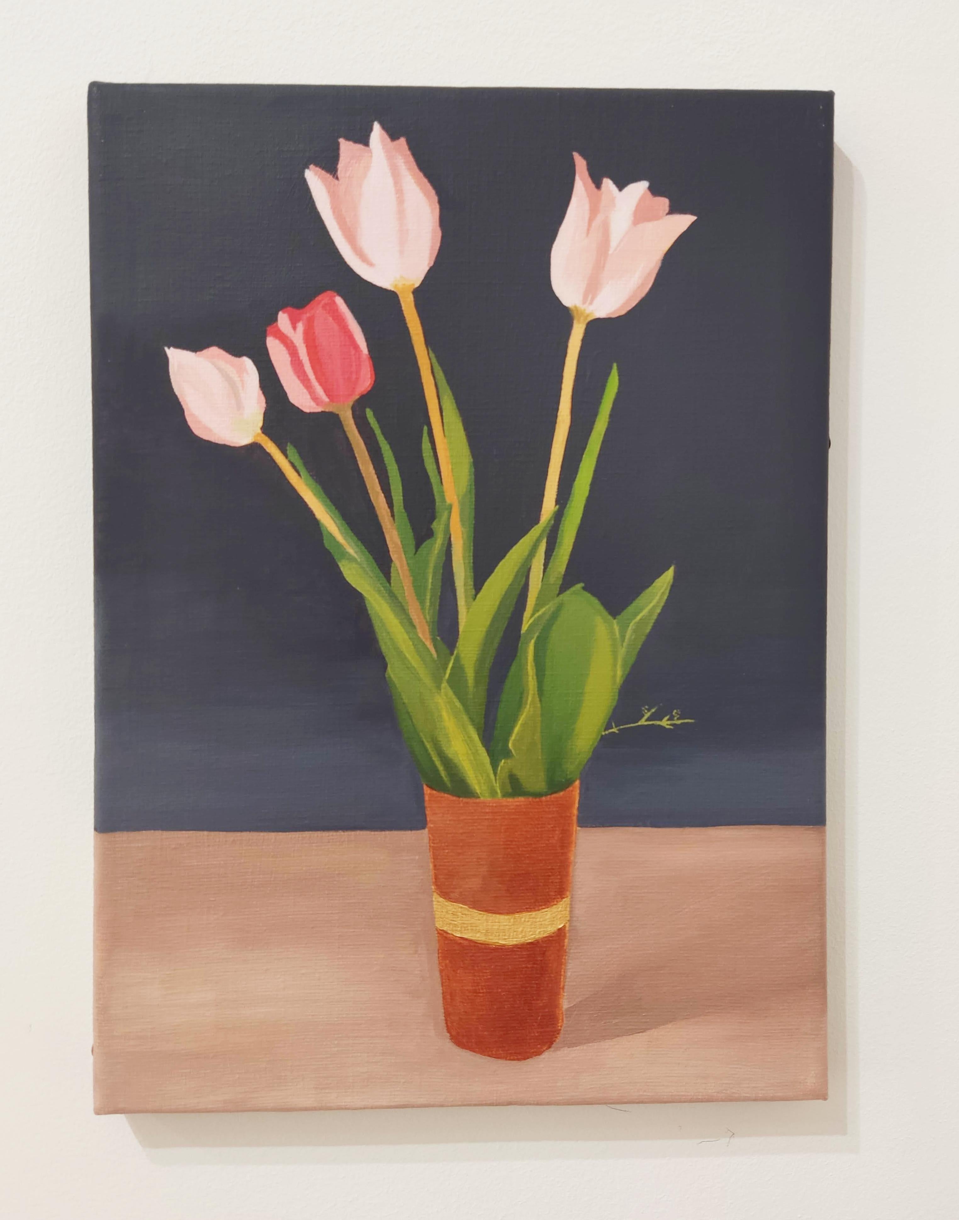 Gabriel Riesnert Still-Life Painting - Tulips from the garden, Still life oil painting, Contemporary , Flowers