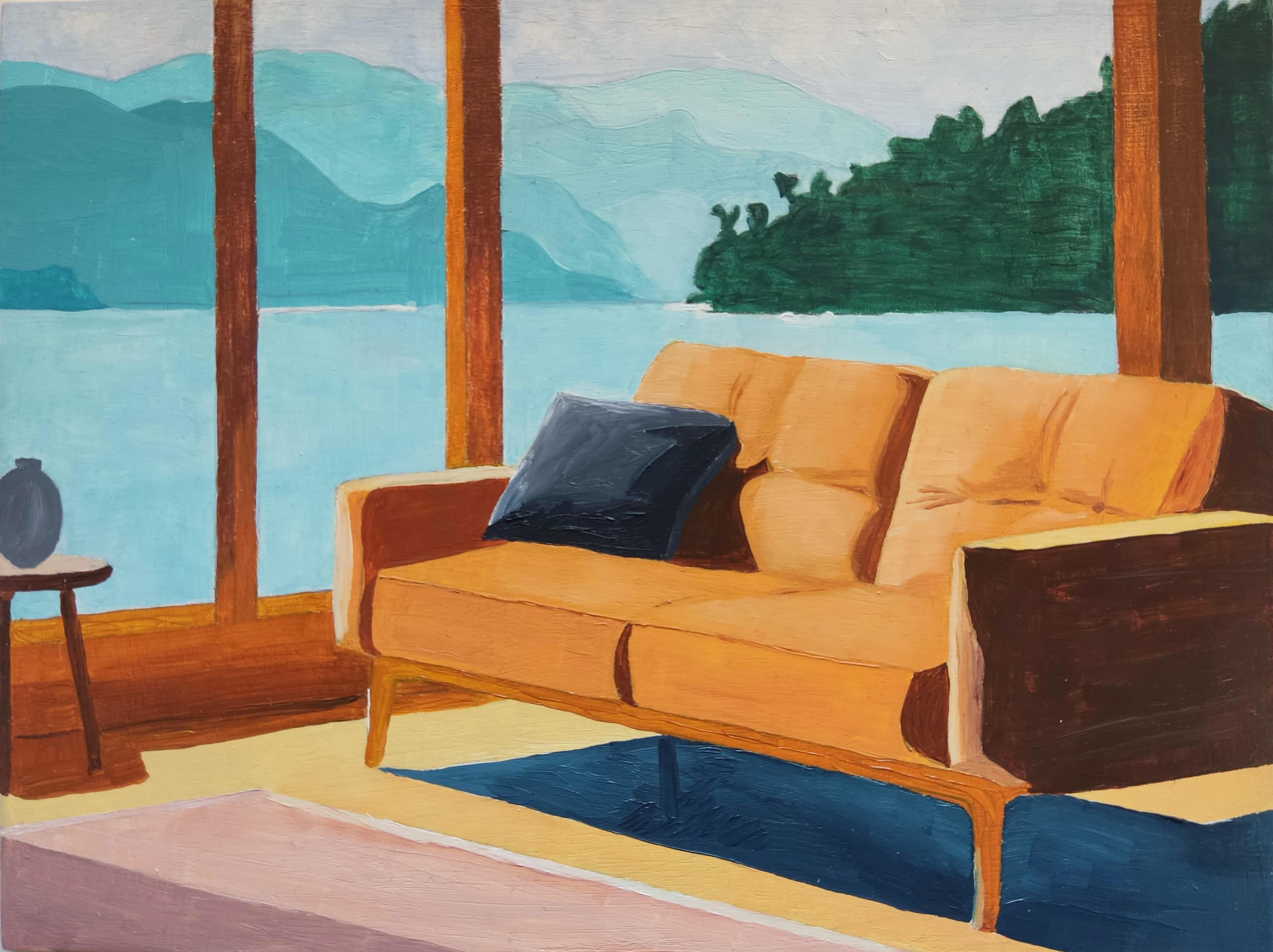 Gabriel Riesnert Interior Painting - Window on lake, Original Oil Painting, Landscape, Interior scene, Still-life