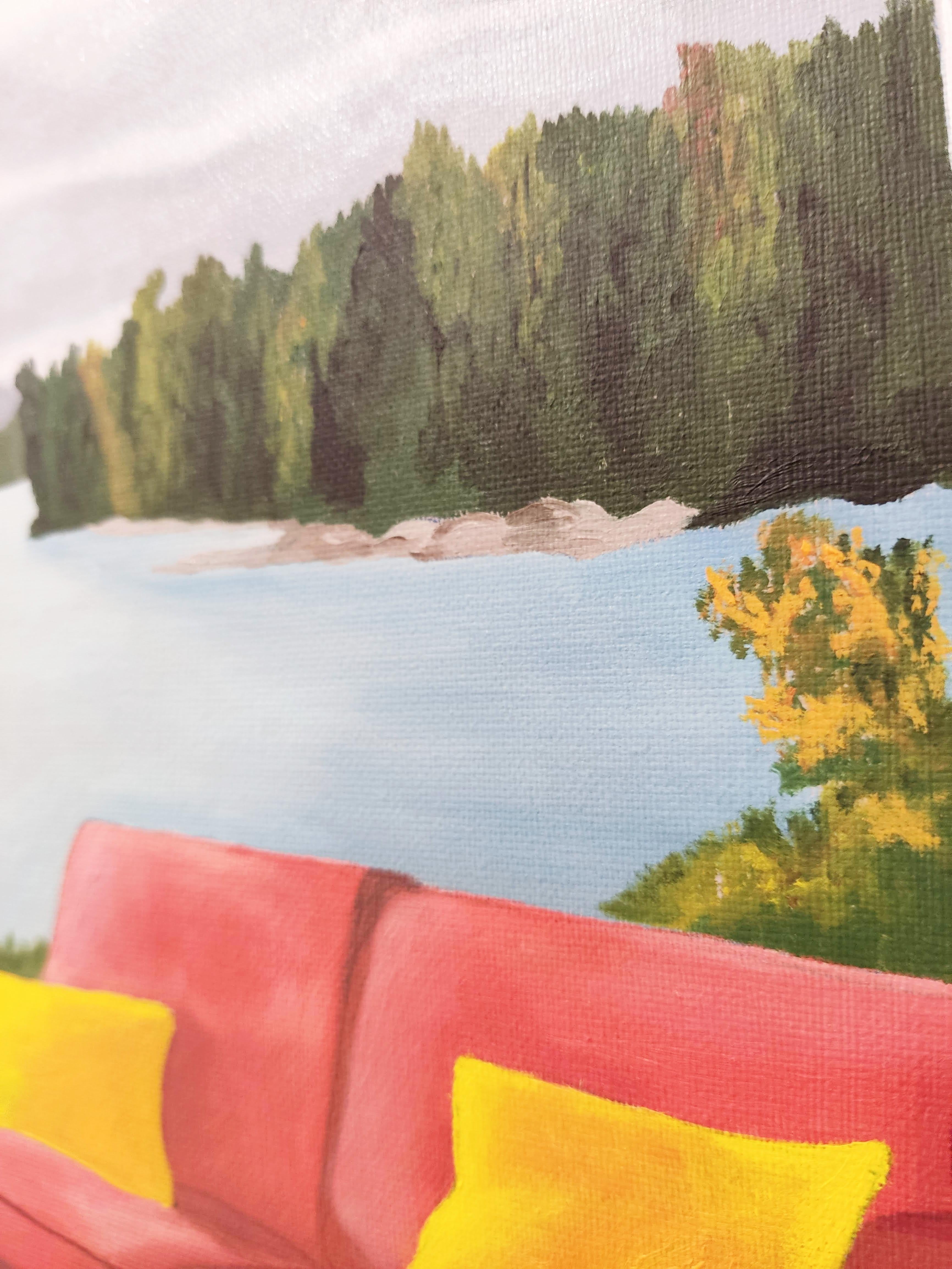 Subject : Fenêtre sur lac - Variation IV (Title - FR) / In this work, from the oil painting “Window on the lake” series, the artist, who is an adept of contemporary realism and fiction, invites us to spend a moment of tranquil meditation in front of