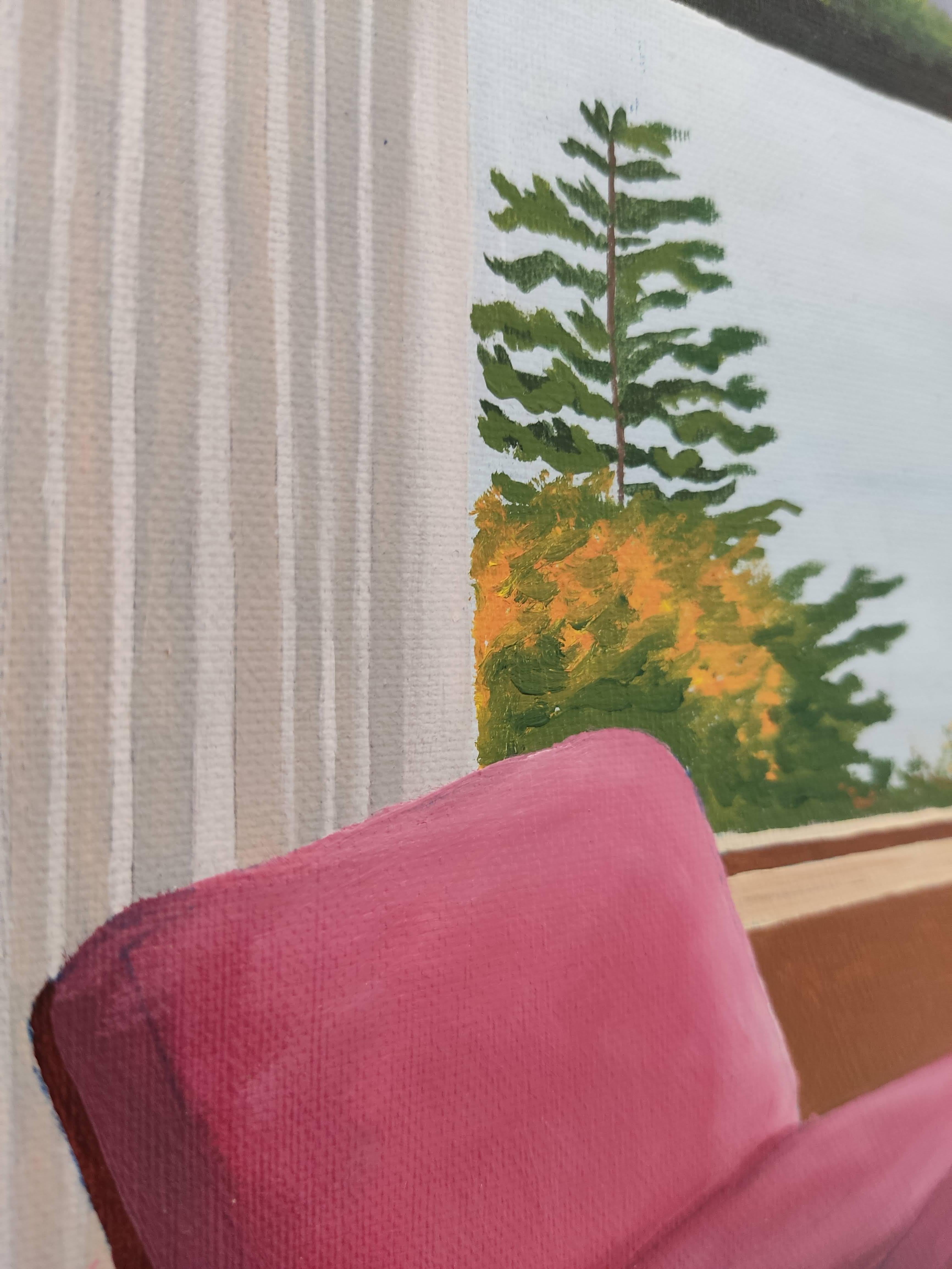 Fenêtre sur lac, Interior Painting, Oil on Canvas, Contemporary Landscape 1