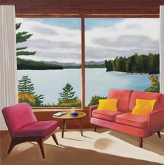 Fenêtre sur lac, Interior Painting, Oil on Canvas, Contemporary Landscape