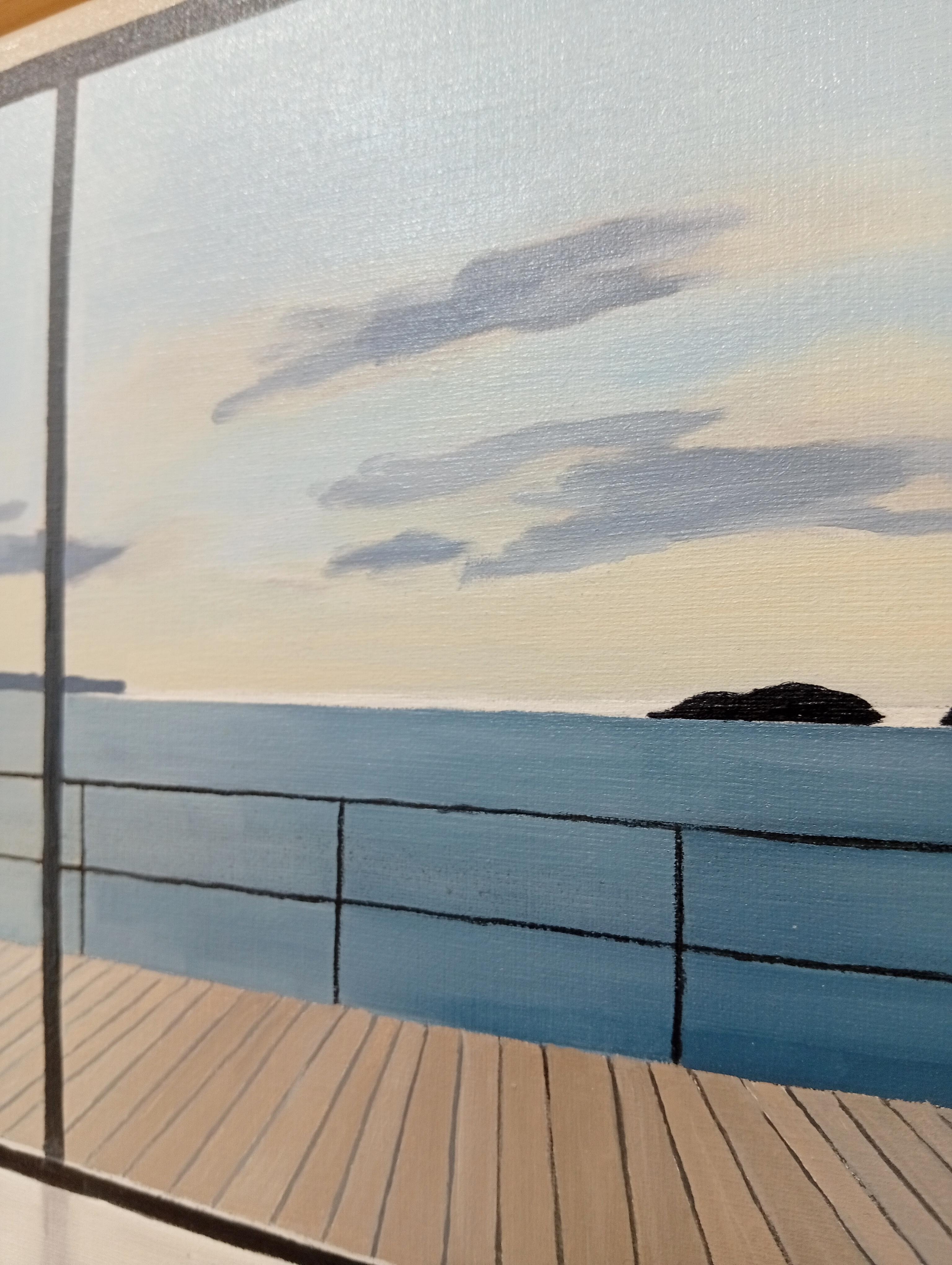 Window on the Sea, Oil painting, Interior with Seascape View, Living Room (Zeitgenössisch), Painting, von Gabriel Riesnert