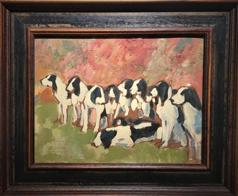 A Pack of Gascon Saintongeois Dogs
Gabriel Süe (Marseille, 1867-1958) 
Oil on paper 
Signed lower left: "Gabriel Süe 1917"
12 /1/2 x 9 1/2 (16 3/4 x 14 3/4 frame) inches

Gabriel Süe trained from 1891 to 1892 in Bordeaux, at the school of Charles