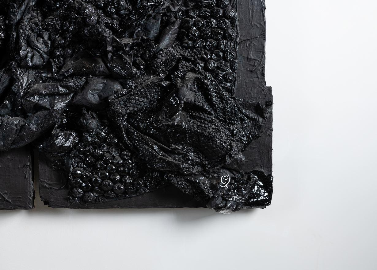 With his series of intense black mixed-media paintings, artist Gabriel Shuldiner captures the void simultaneously created by and filled up by technology. By layering the paintings with many different forms of media (chemical compounds, detritus,