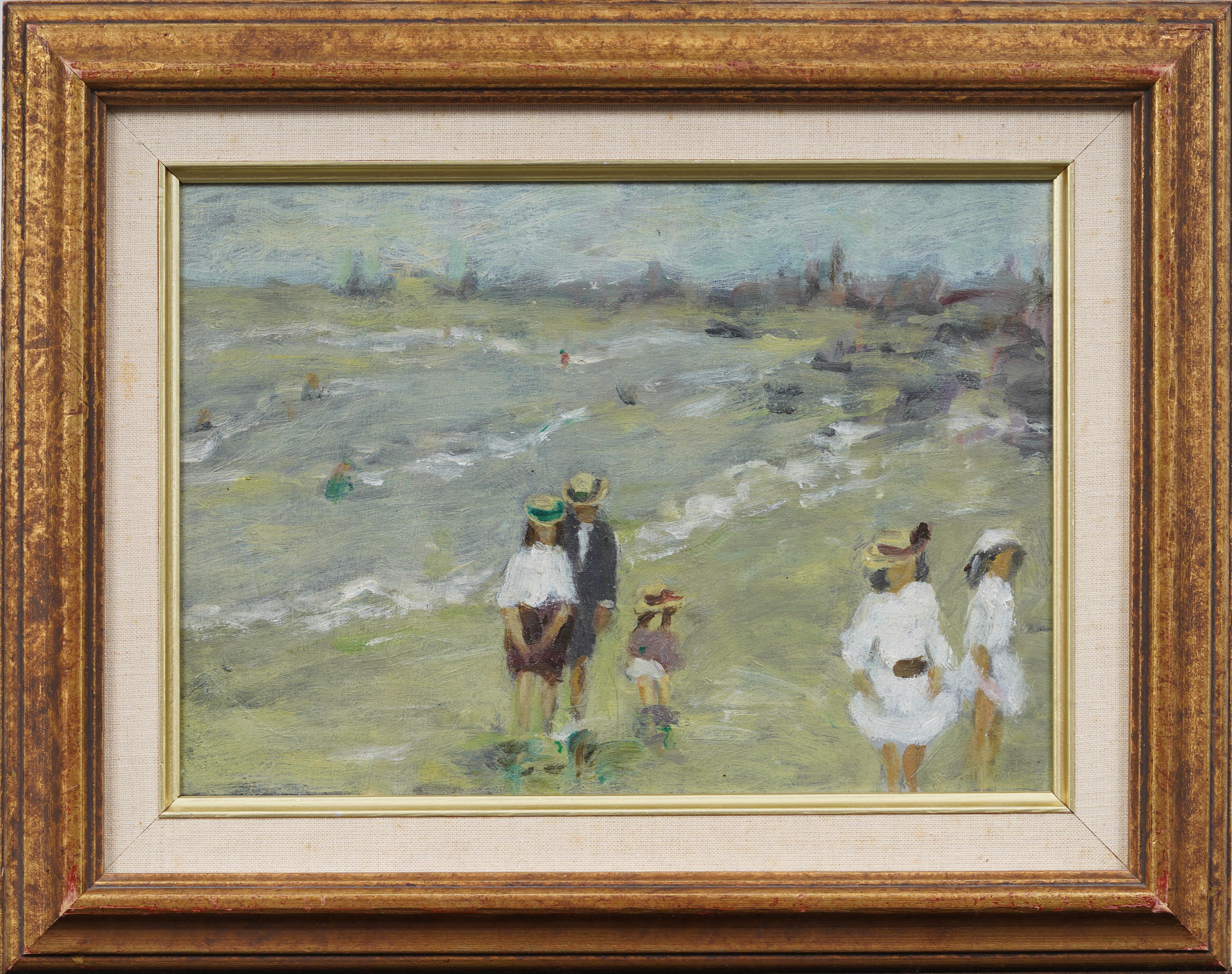 Antique French Impressionist Beach Scene gerahmt Seascape Ölgemälde – Painting von Gabriel Spat