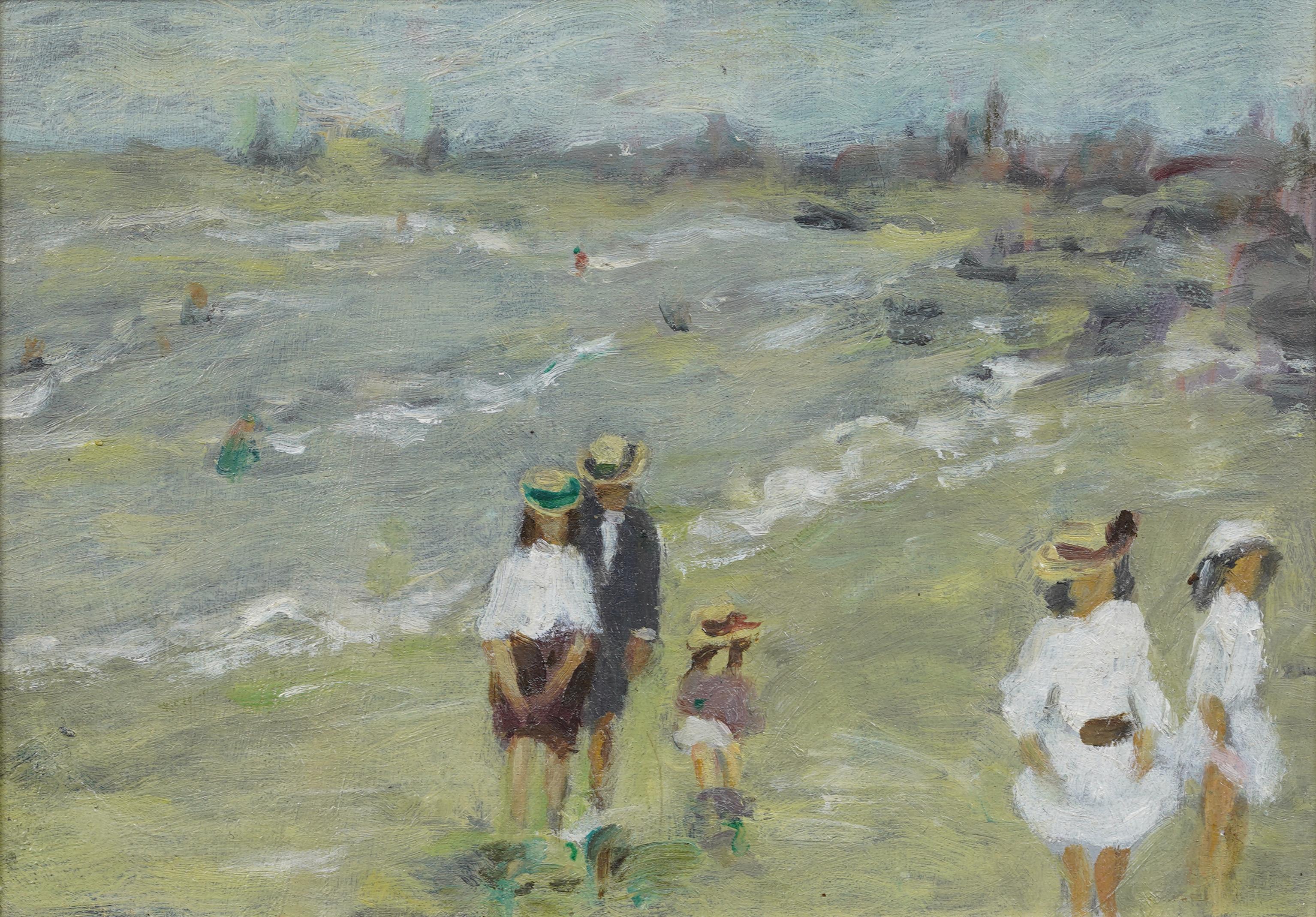 Antique French Impressionist Beach Scene gerahmt Seascape Ölgemälde (Impressionismus), Painting, von Gabriel Spat