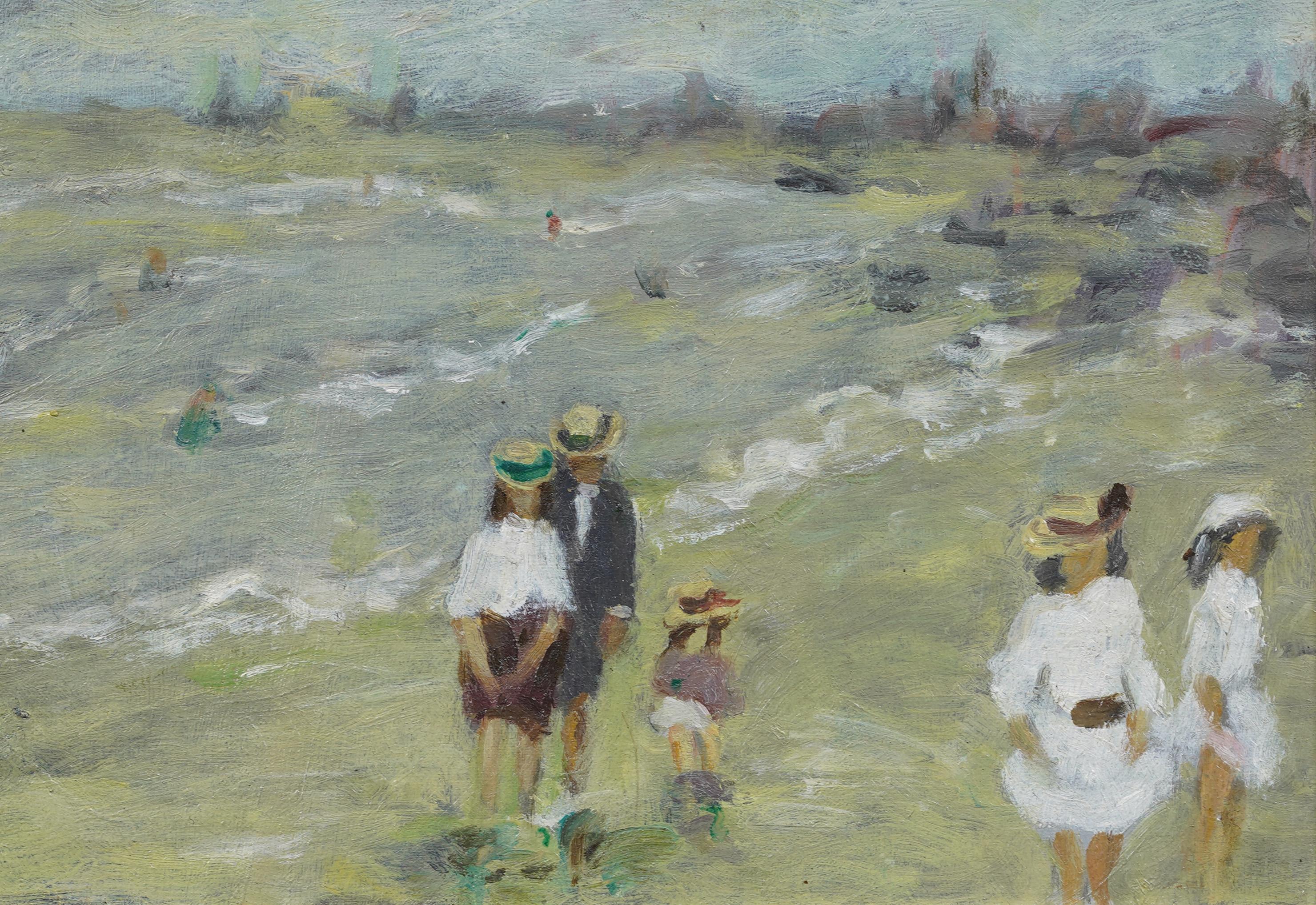 Antique French Impressionist Beach Scene gerahmt Seascape Ölgemälde (Braun), Figurative Painting, von Gabriel Spat