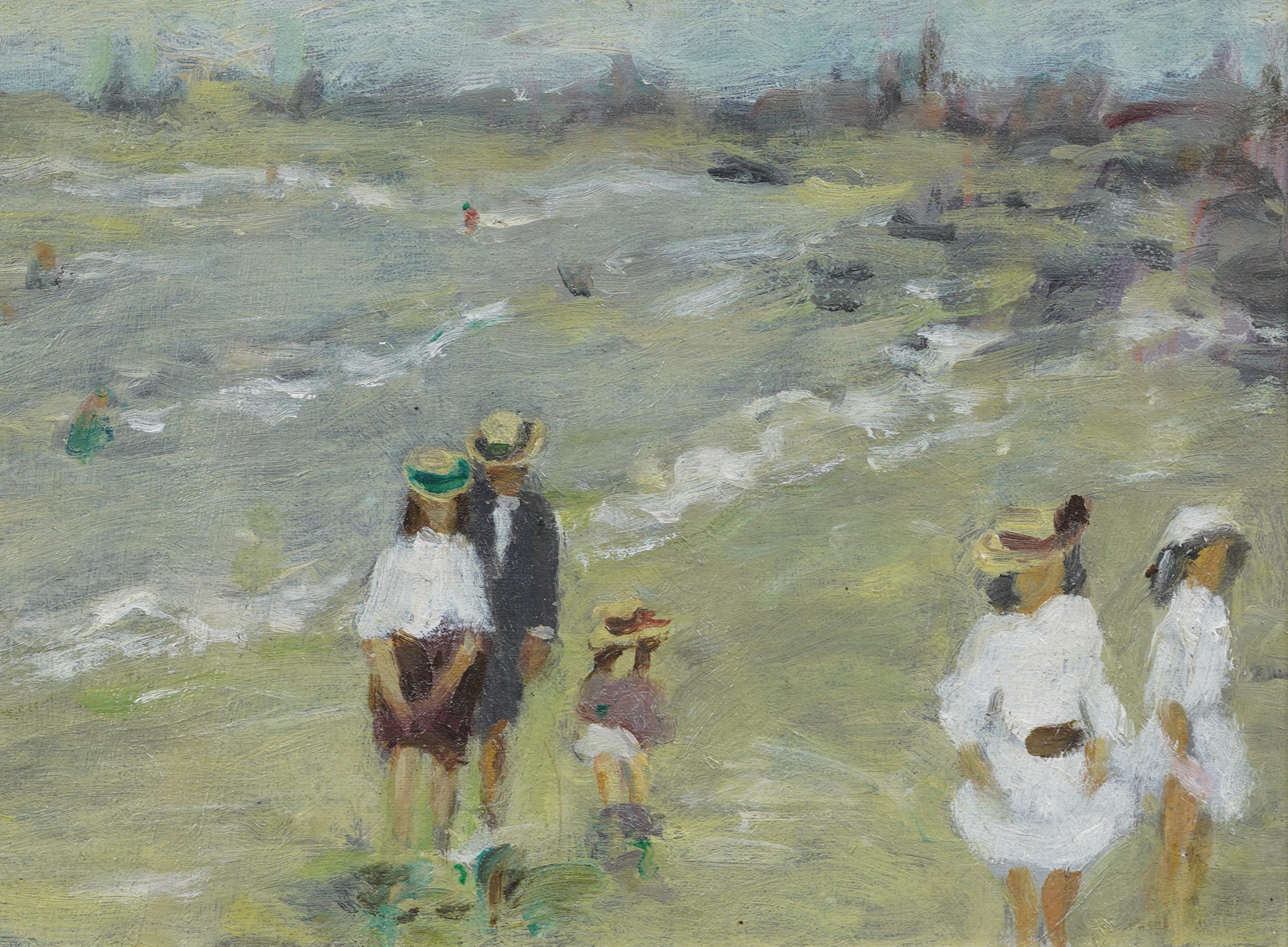 Antikes französisches impressionistisches Ölgemälde mit Strandszene, das Gabriel Spat (1890 - 1967) zugeschrieben wird. Öl auf Leinwand, auf Karton aufgezogen. Gerahmt. Messen: 10 von 13 Zoll insgesamt, und 7 von 9,75 Malerei allein.  In