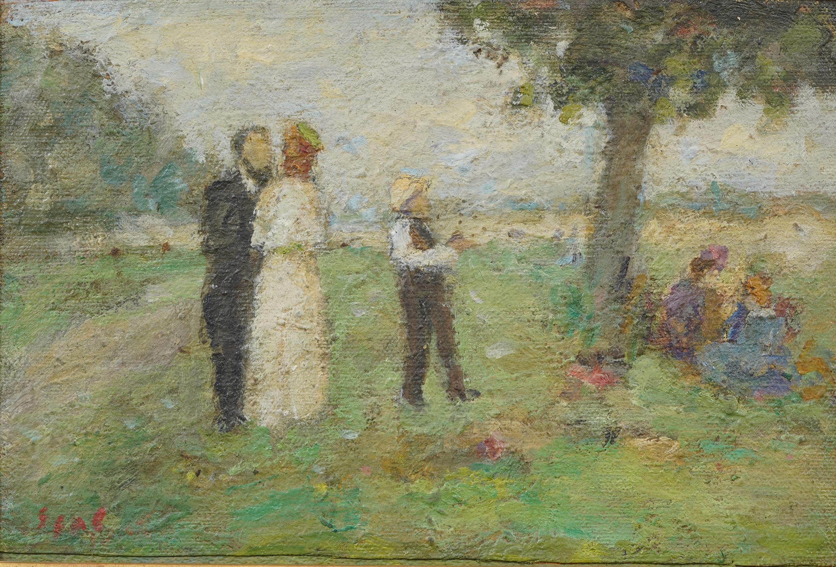 Antique French ritratto paesaggio pittura ad olio. Olio su tela, appoggiato su tavola. Firmato. Incorniciato. Misure: 12 x 15 pollici in totale, e 6 x 9 pollici da solo...  In eccellenti condizioni originali. Incorniciato in una splendida cornice di