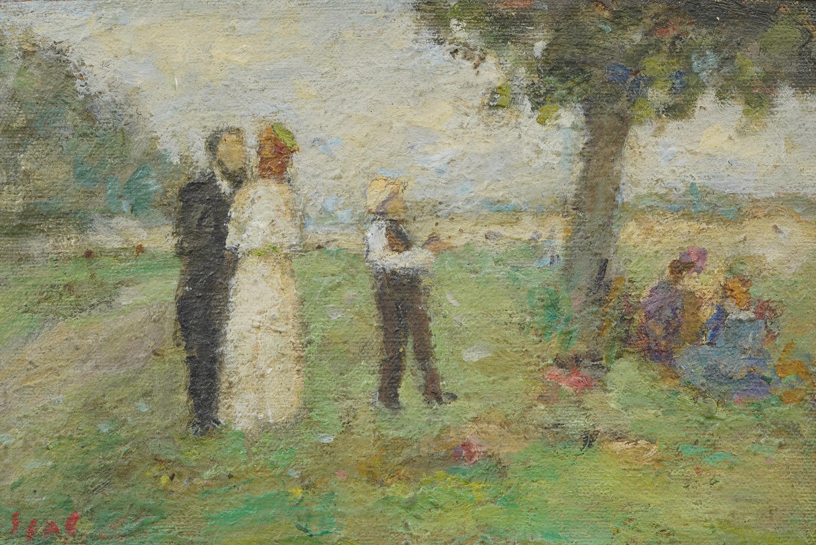 Antique French Impressionist Family Portrait Landscape Signed Oil Painting (dipinto a olio) in vendita 1