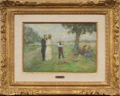Antique French Impressionist Family Portrait Landscape Signed Oil Painting (dipinto a olio)