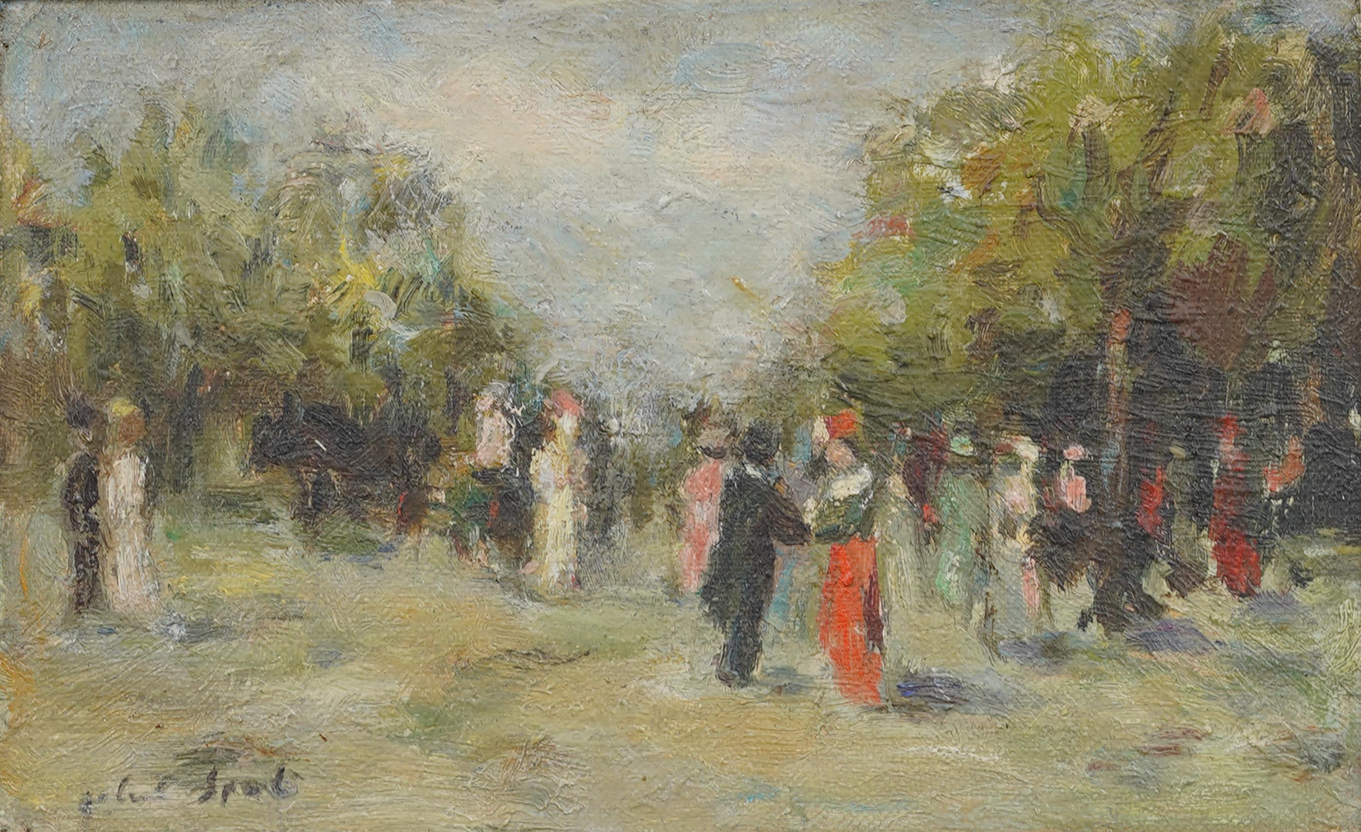 Antique French impressionist landscape oil painting. Oil on canvas, lain to board.   Framed. Signed.  In excellent original condition. Handsomely framed in a  period impressionist molding.  Excellent condition, ready to hang and enjoy. 