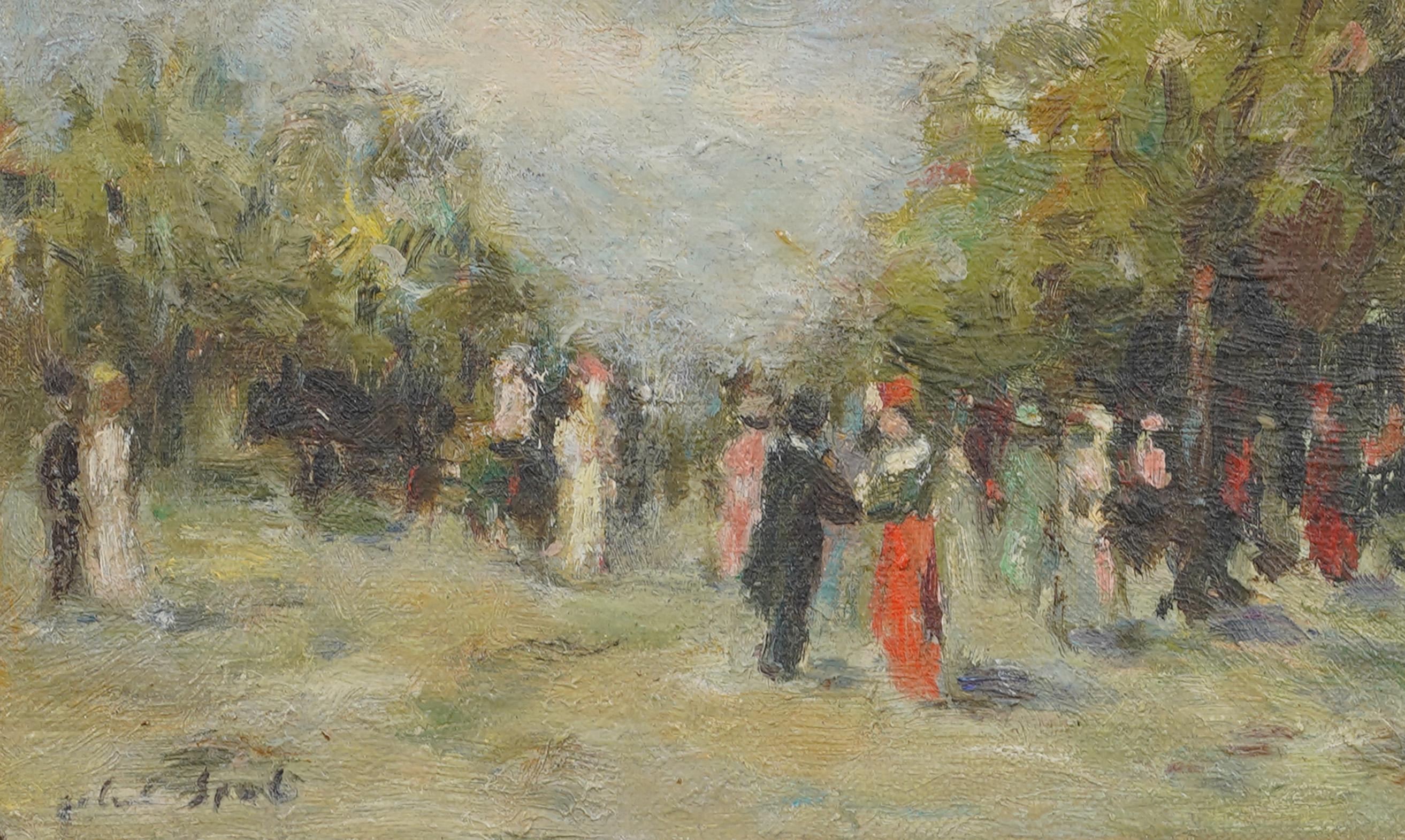 Antique French Impressionist Signed Park Landscape Detailed Original Painting For Sale 1