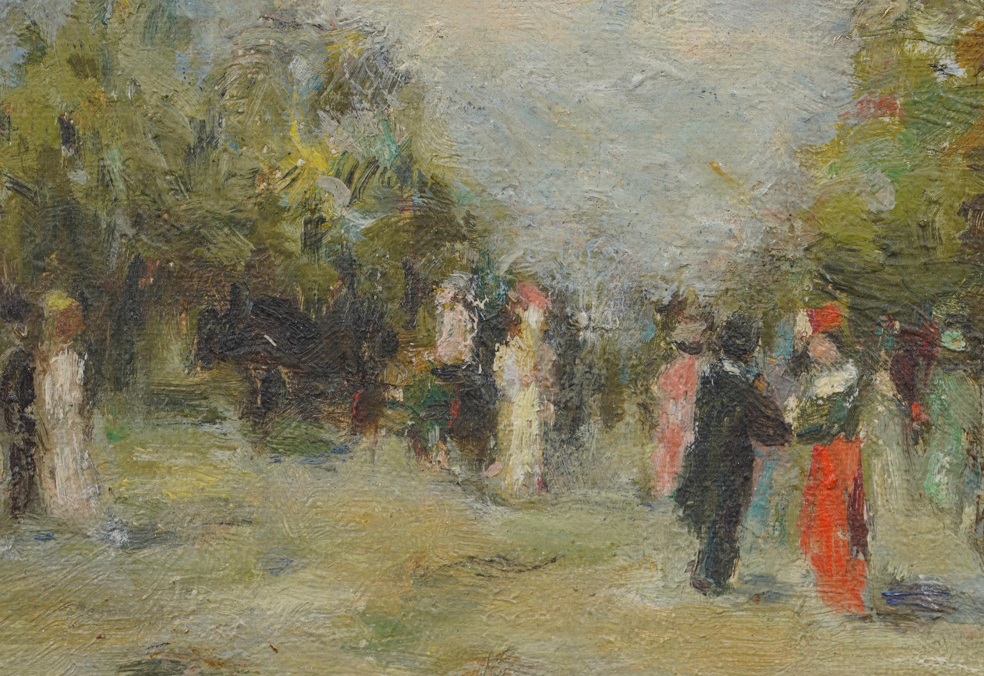 Antique French Impressionist Signed Park Landscape Detailed Original Painting For Sale 3