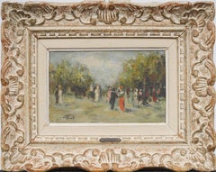 Antique French Impressionist Signed Park Landscape Detailed Original Painting