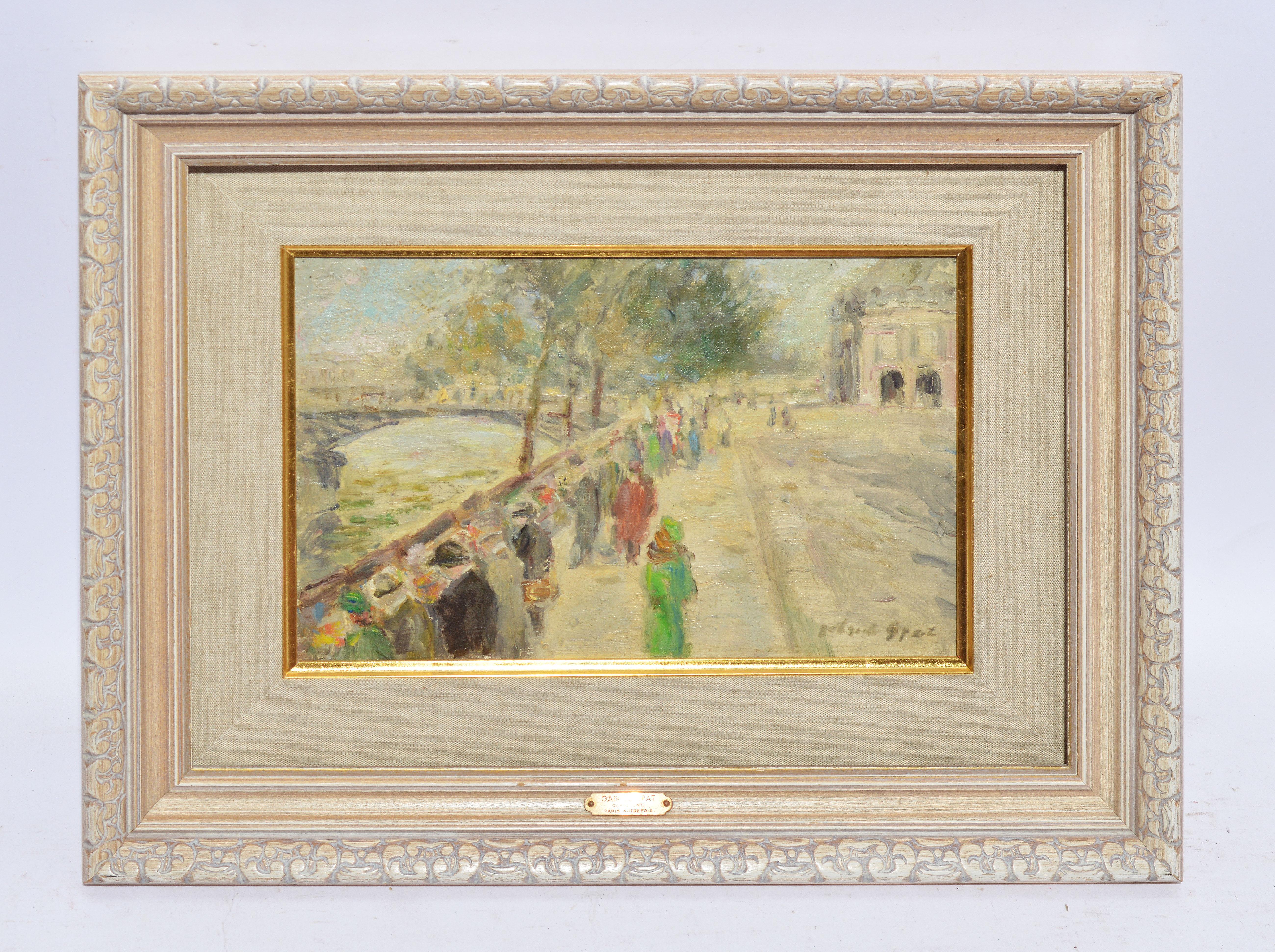 Vintage impressionist cityscape painting of Paris by Gabriel Spat  (1890 - 1967).  Oil on canvasboard, circa 1920.  Signed.  Displayed in a giltwood frame.  Image, 9.5