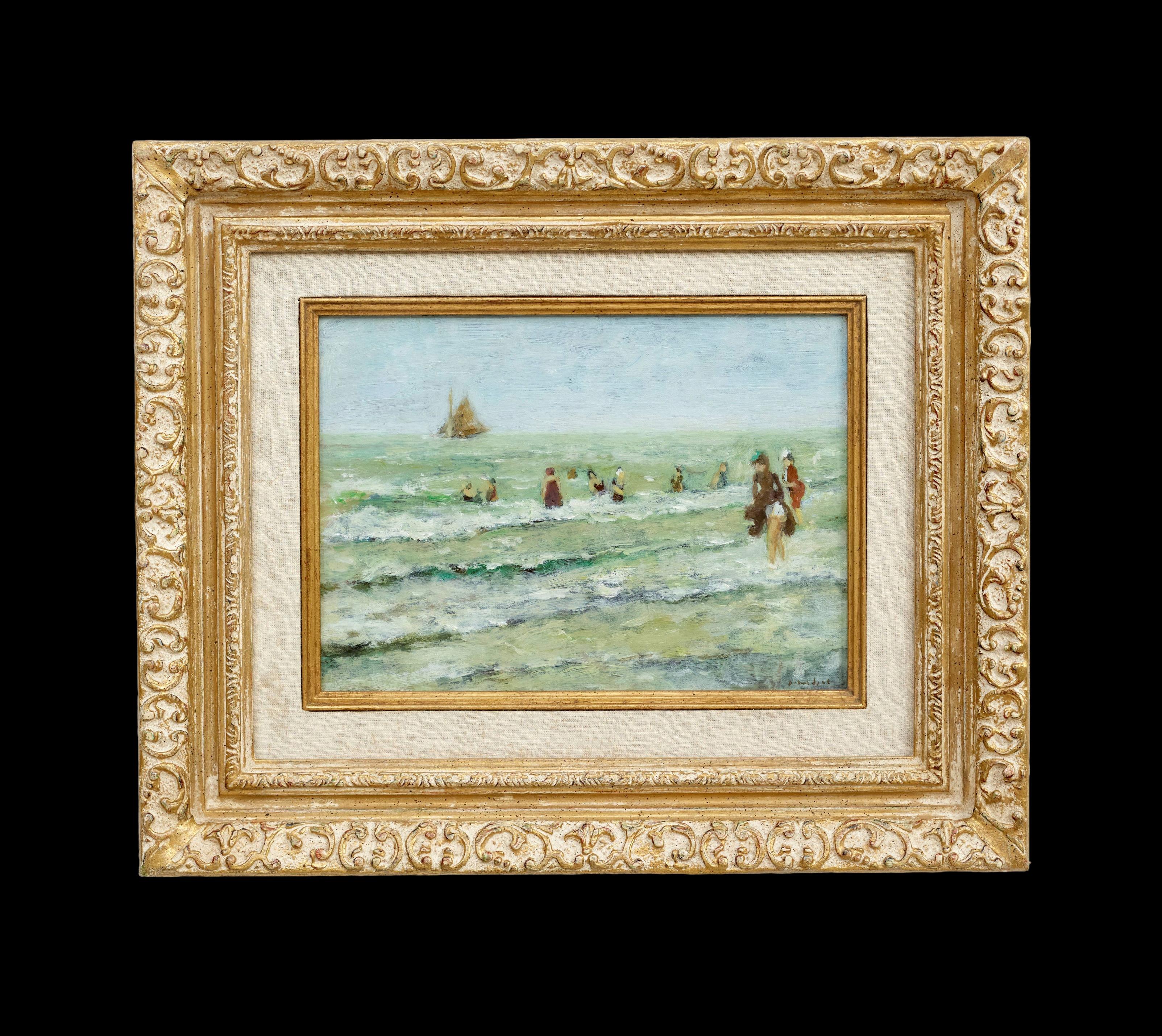 Apres Midi sur la Plage Impressionist Seascape Figurative painting, waves, green - Painting by Gabriel Spat