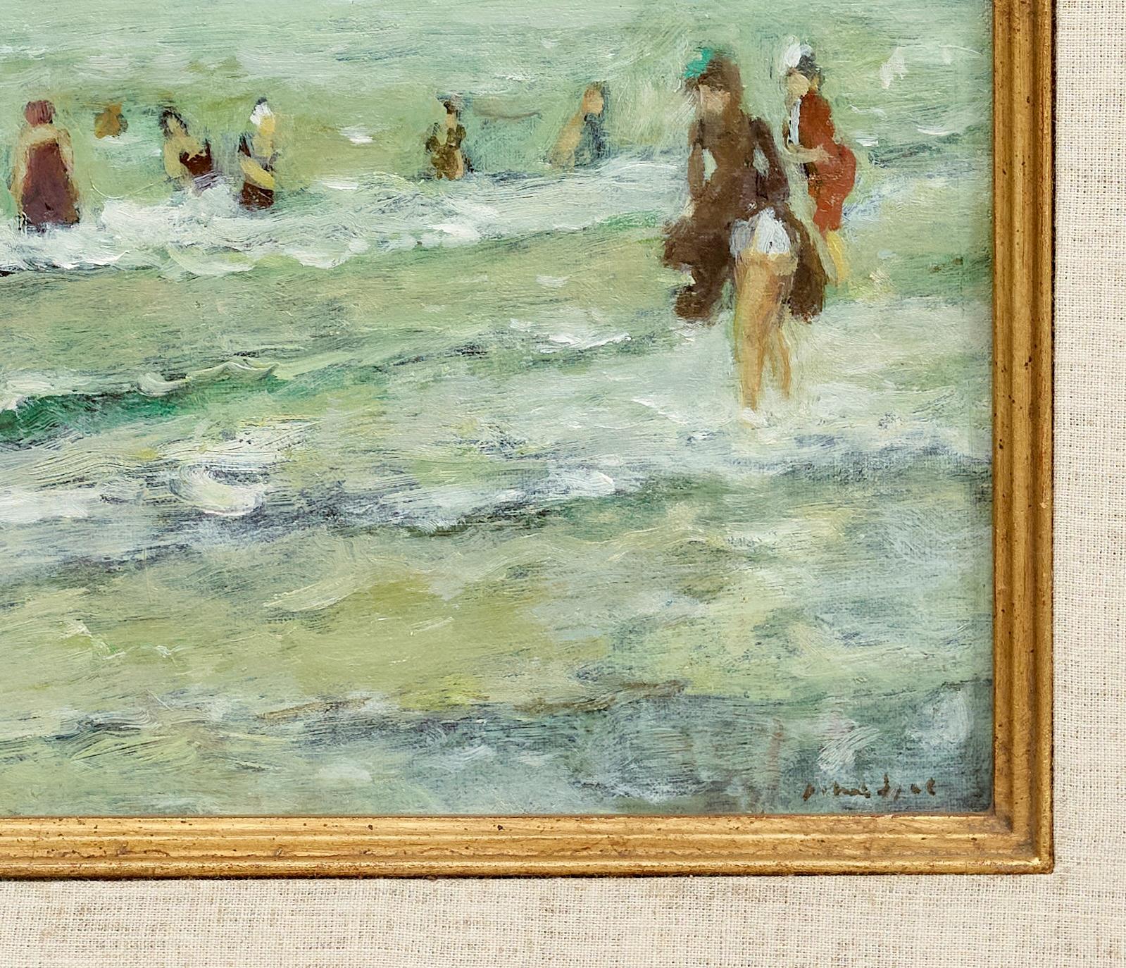 Apres Midi sur la Plage Impressionist Seascape Figurative painting, waves, green - Gray Landscape Painting by Gabriel Spat