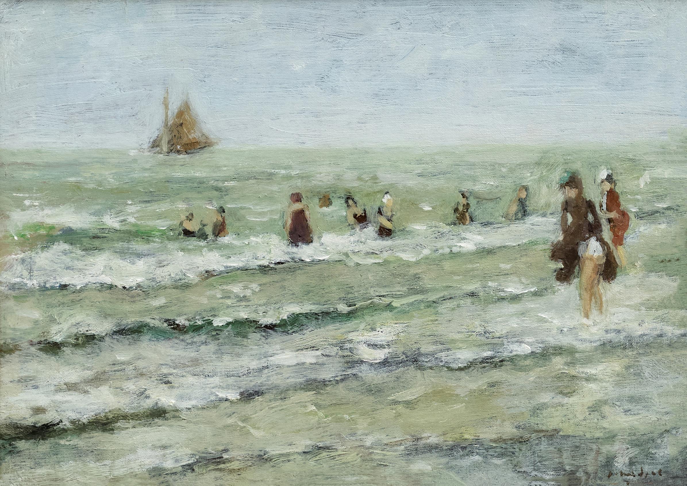 Apres Midi sur la Plage Impressionist Seascape Figurative painting, waves, green For Sale 2