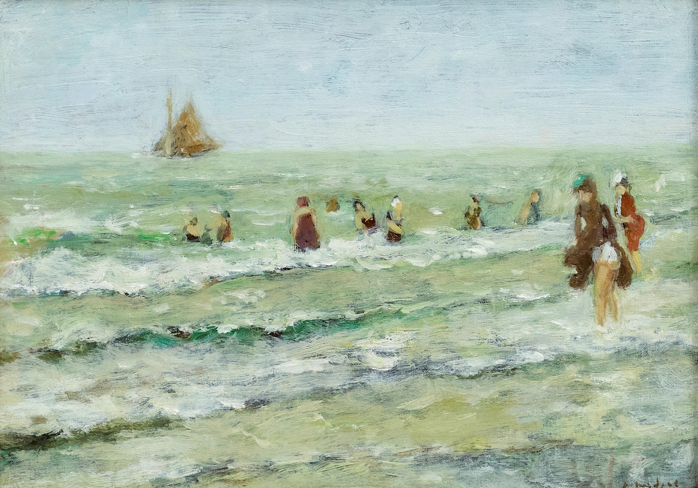 Gabriel Spat Landscape Painting - Apres Midi sur la Plage Impressionist Seascape Figurative painting, waves, green