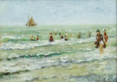 Apres Midi sur la Plage Impressionist Seascape Figurative painting, waves, green