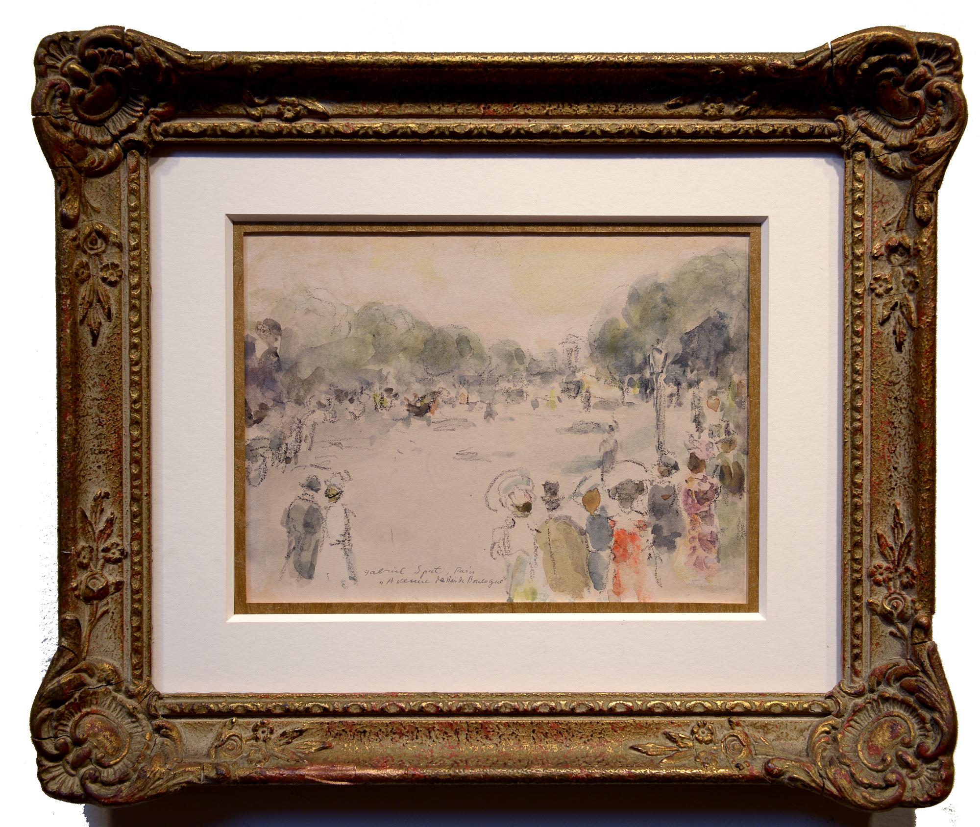 Arriving at the Bois de Boulogne, Figural, Park, Paris, France, Watercolor - Painting by Gabriel Spat