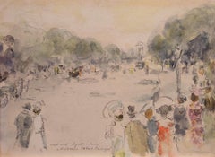 Vintage Arriving at the Bois de Boulogne, Figural, Park, Paris, France, Watercolor