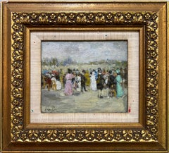 Antique LONGCHAMP JOCKEY Impressionist HORSE Scene of High Society Figures at POLO Event