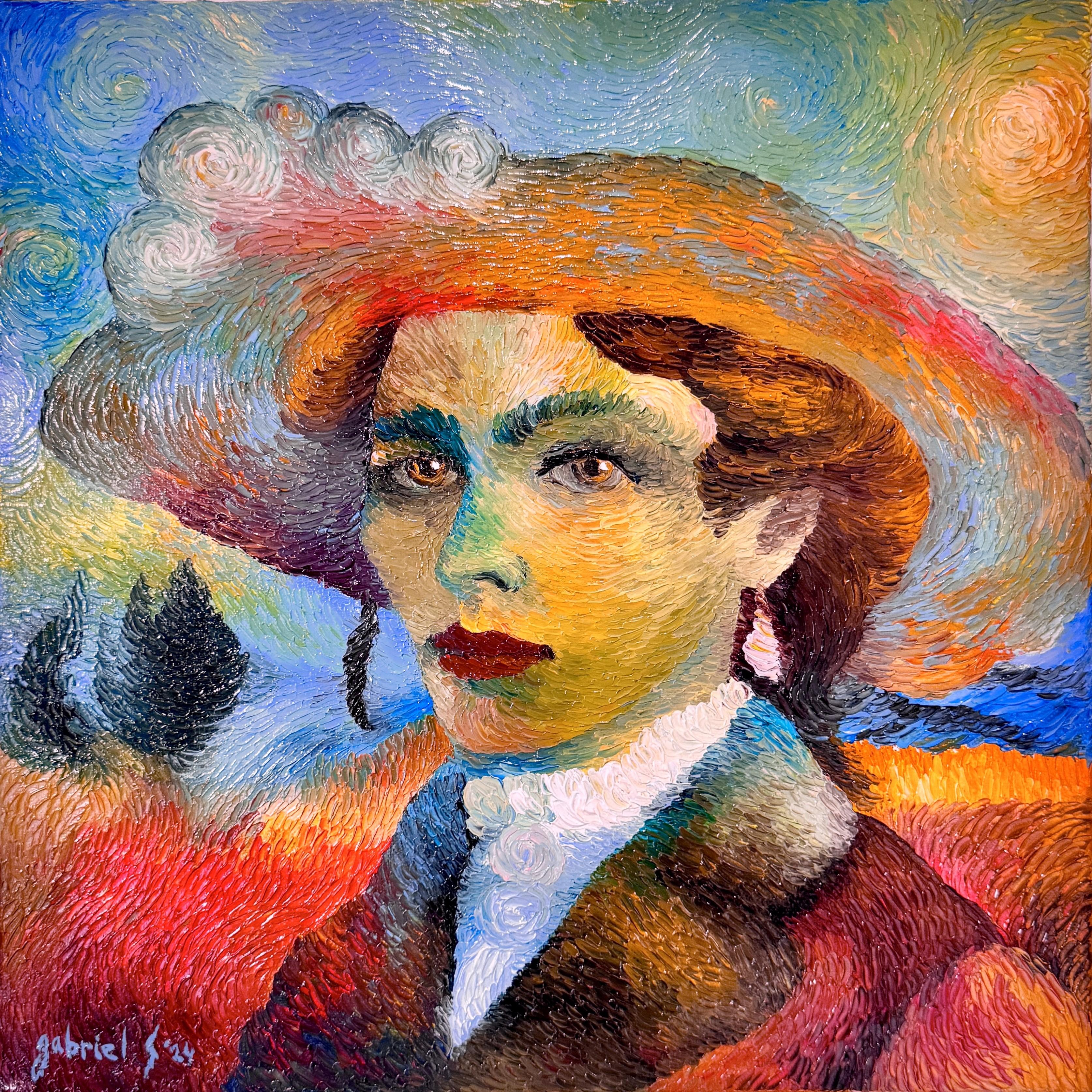Gabriel Stama Figurative Painting - "Lady Gogh", Textured And Colourful Oil Painting On Canvas, Petrino Style