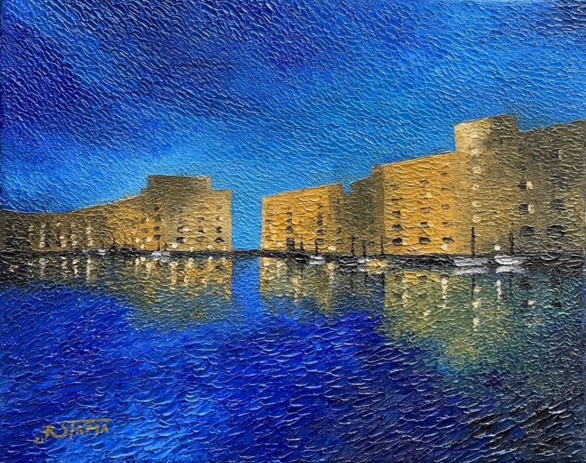 Gabriel Stama Figurative Painting - “Night in Malaga Petrino” , Oil Painting On Canvas, Textured, Embossed, Unique