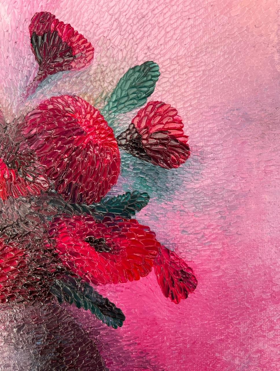 Flowers rouges Petrino, peinture à l'huile sur toile, texturée, unique - Painting de Gabriel Stama