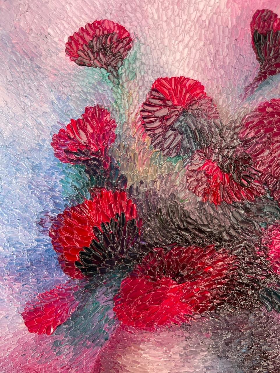 Dévoilez une touche de brillance artistique avec cette peinture originale de Petrino, où la beauté intemporelle des fleurs rouges est immortalisée sur la toile.La texture vivante et les traits audacieux de cette peinture à l'huile ajoutent une