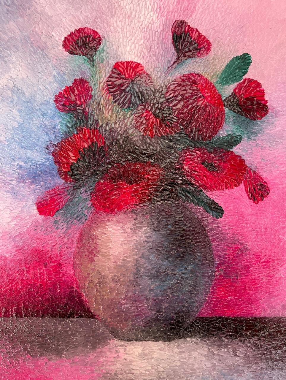Flowers rouges Petrino, peinture à l'huile sur toile, texturée, unique en vente 3