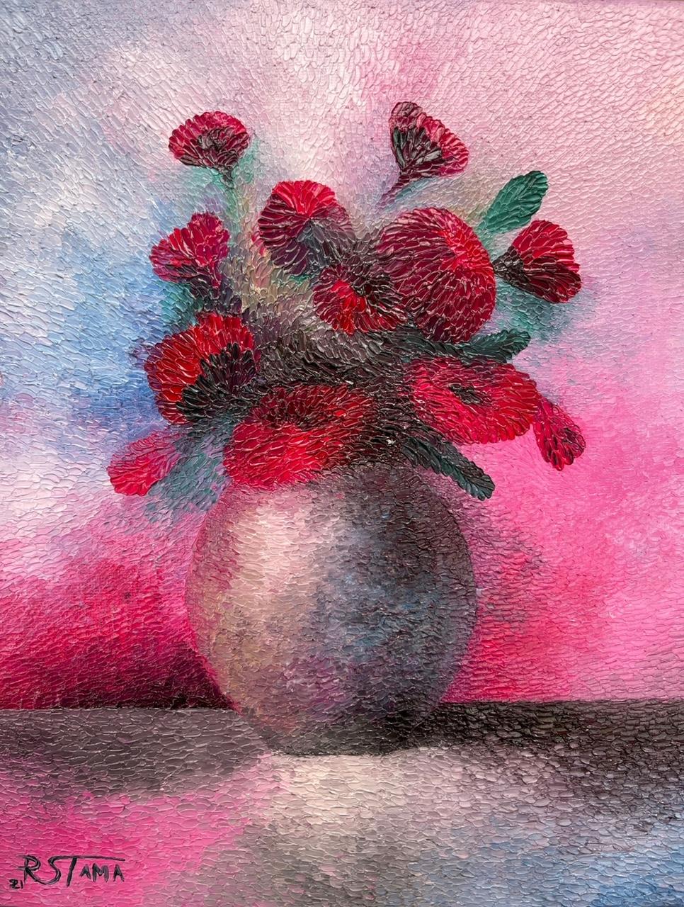 Gabriel Stama Figurative Painting - Red Flowers Petrino” , Oil Painting On Canvas, Textured, Unique