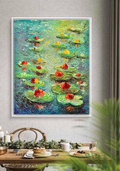 "Water Lilies", Large Oil Painting On Canvas, Petrino Style Artwork, Signed