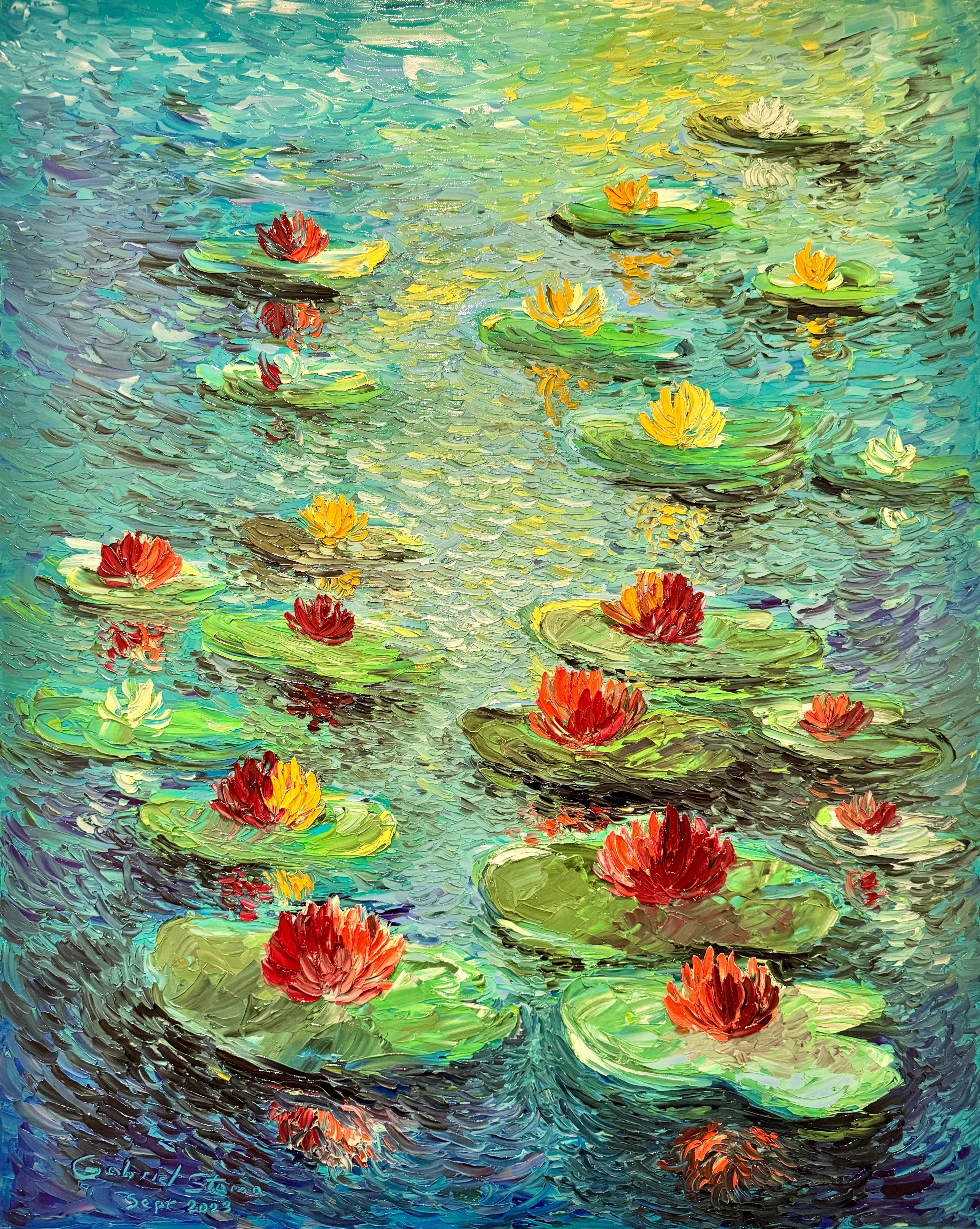 Gabriel Stama Figurative Painting - "Water Lilies", Large Oil Painting On Canvas, Petrino Style Artwork, Signed