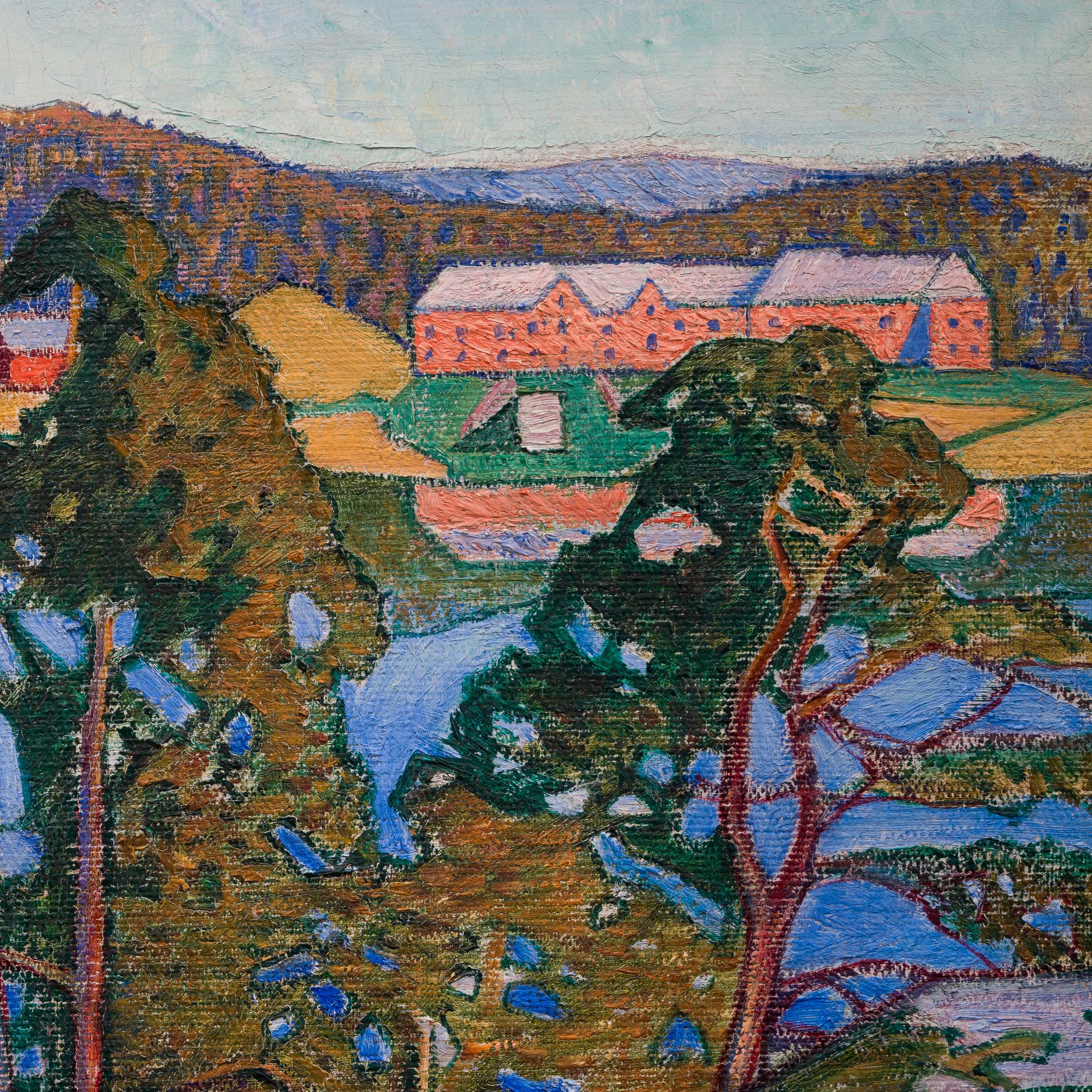 Nous sommes ravis de présenter cette peinture de paysage de l'artiste suédois Gabriel Strandberg (1885-1966). Bien que le lieu exact soit encore inconnu, la beauté et les caractéristiques de la scène suggèrent les terrains du nord de la Suède,