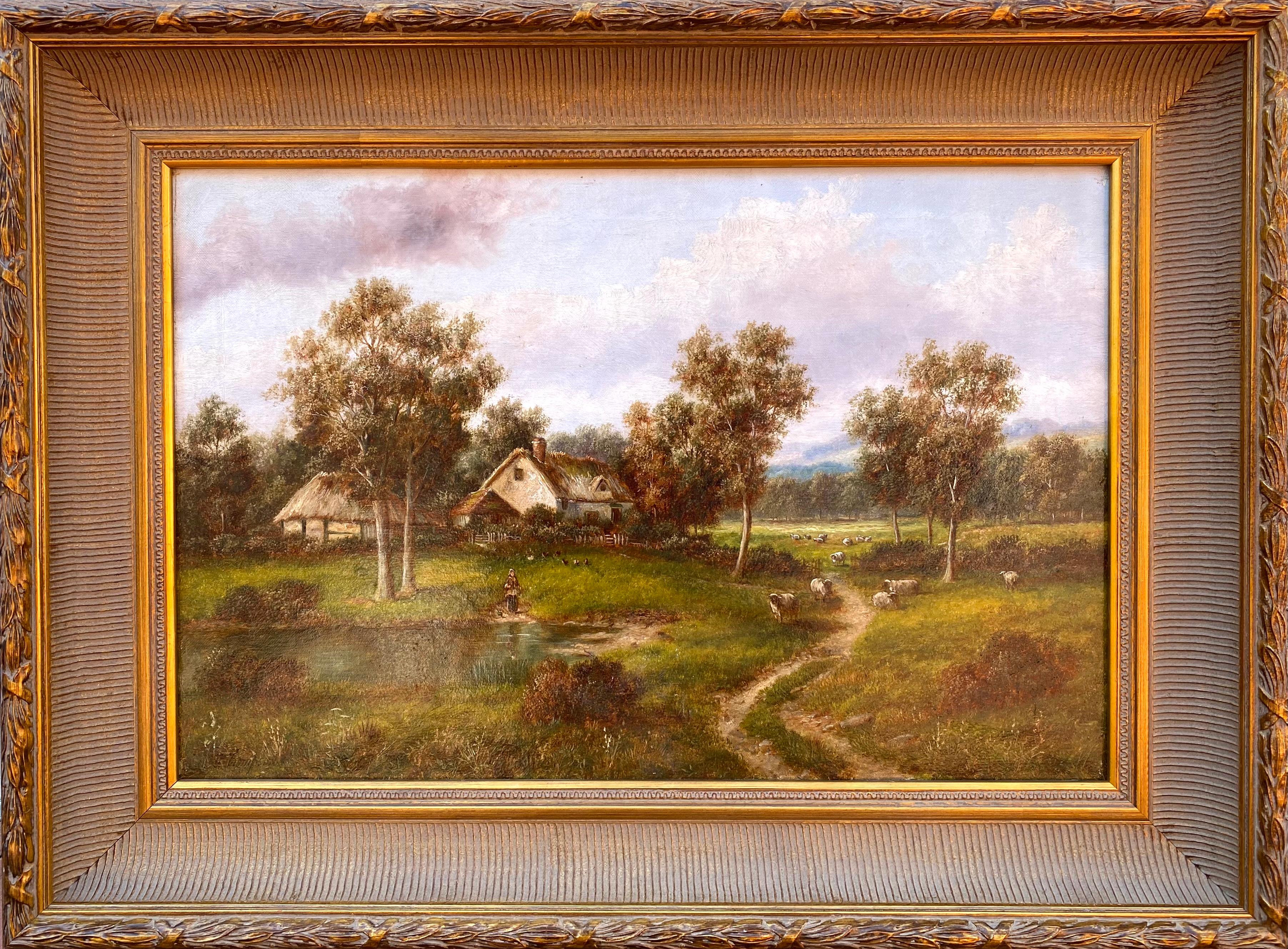 Beautiful oil on canvas bucolic cottage with sheep and chickens.  Signed lower left.  Circa 1890.  Nicely framed in a reproduction cove frame with a bronze antique finish. Overall framed measurements are 23 by 30.75 inches.

Gabriel Thompson was a