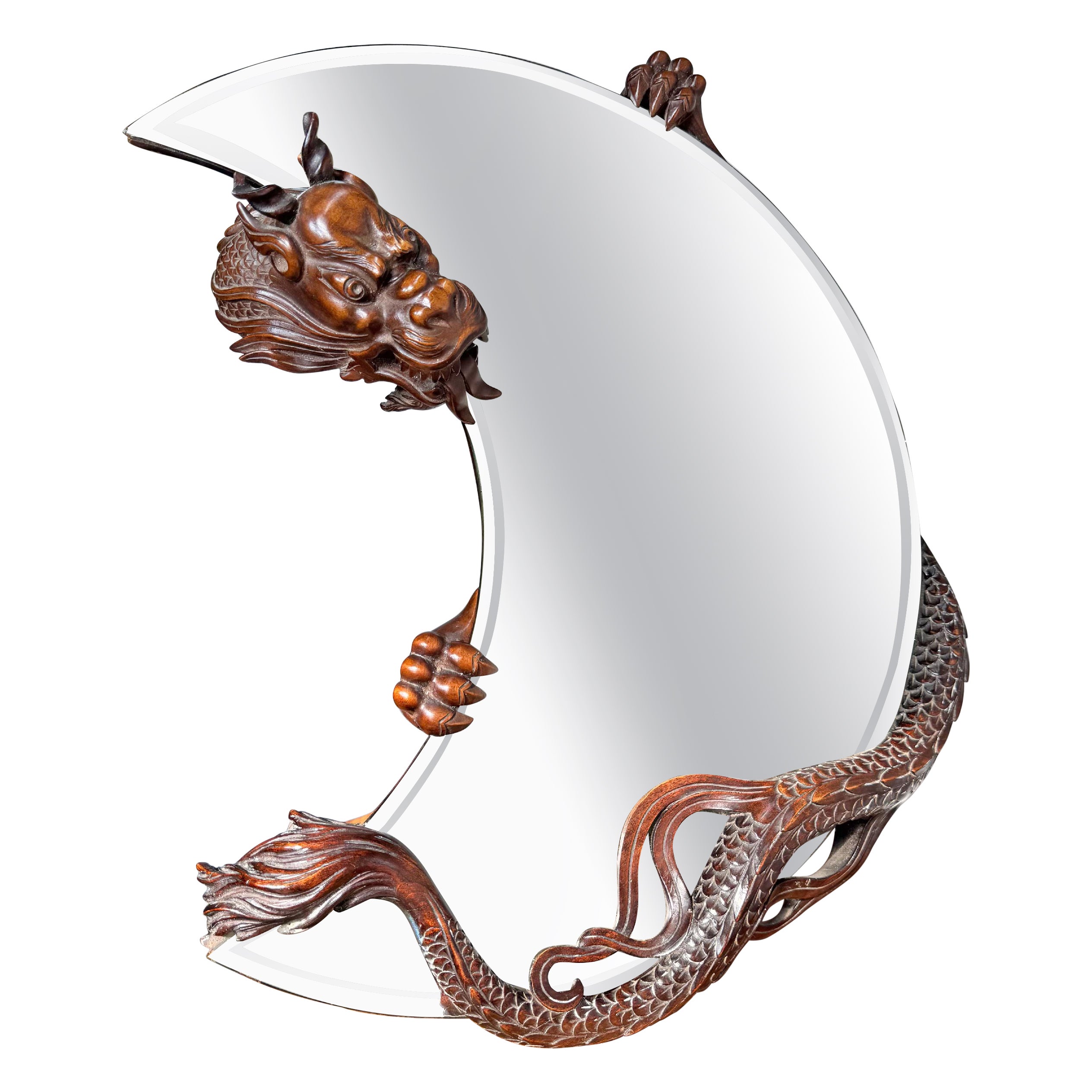 Gabriel Viardot 19th Century Carved Wooden Dragon Crescent Mirror