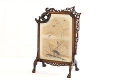 19th Century Fire Screen in Stained Wood and Dyed Silk by Gabriel Viardot