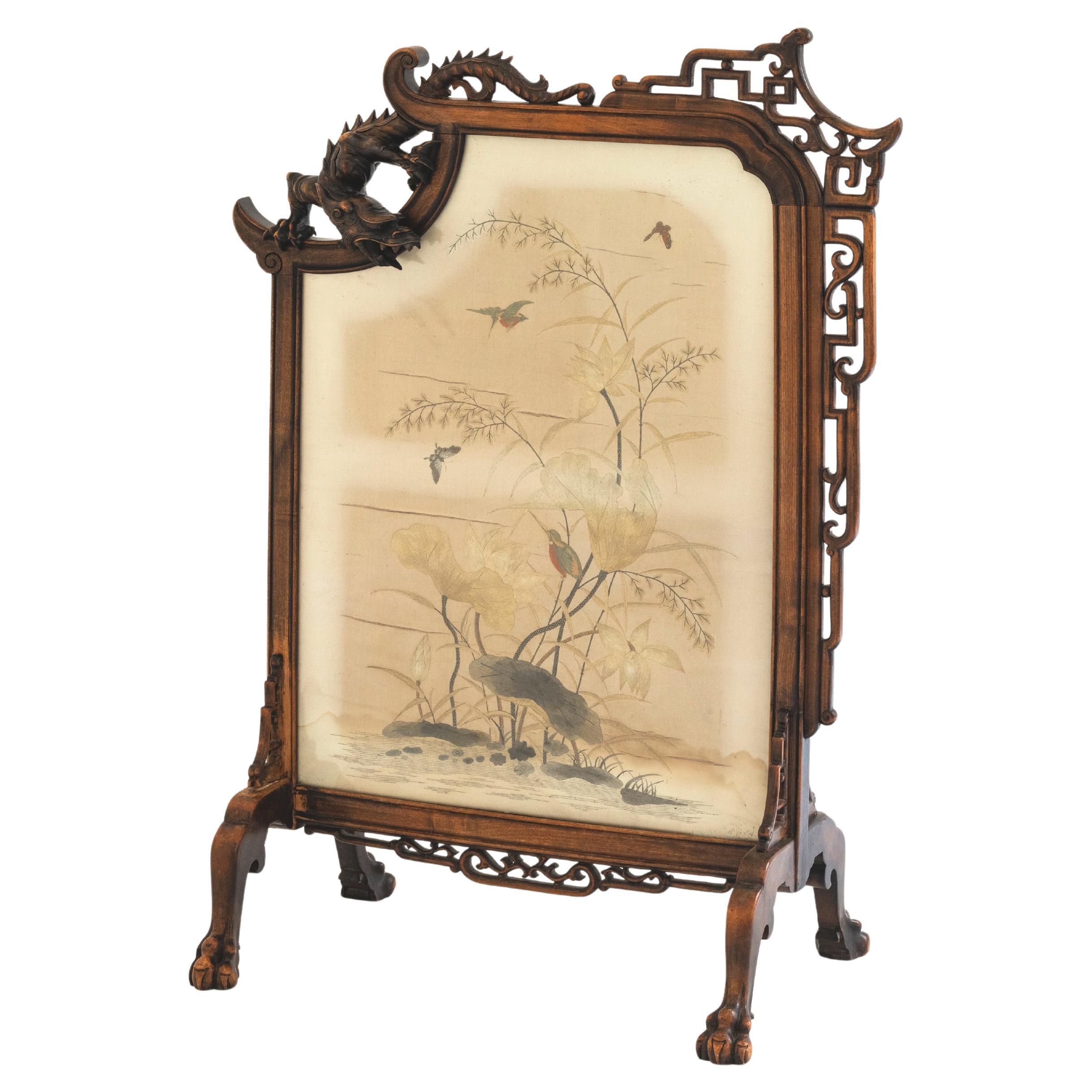 Gabriel Viardot - French 19th Century Fire Screen in Stained Wood and Dyed Silk