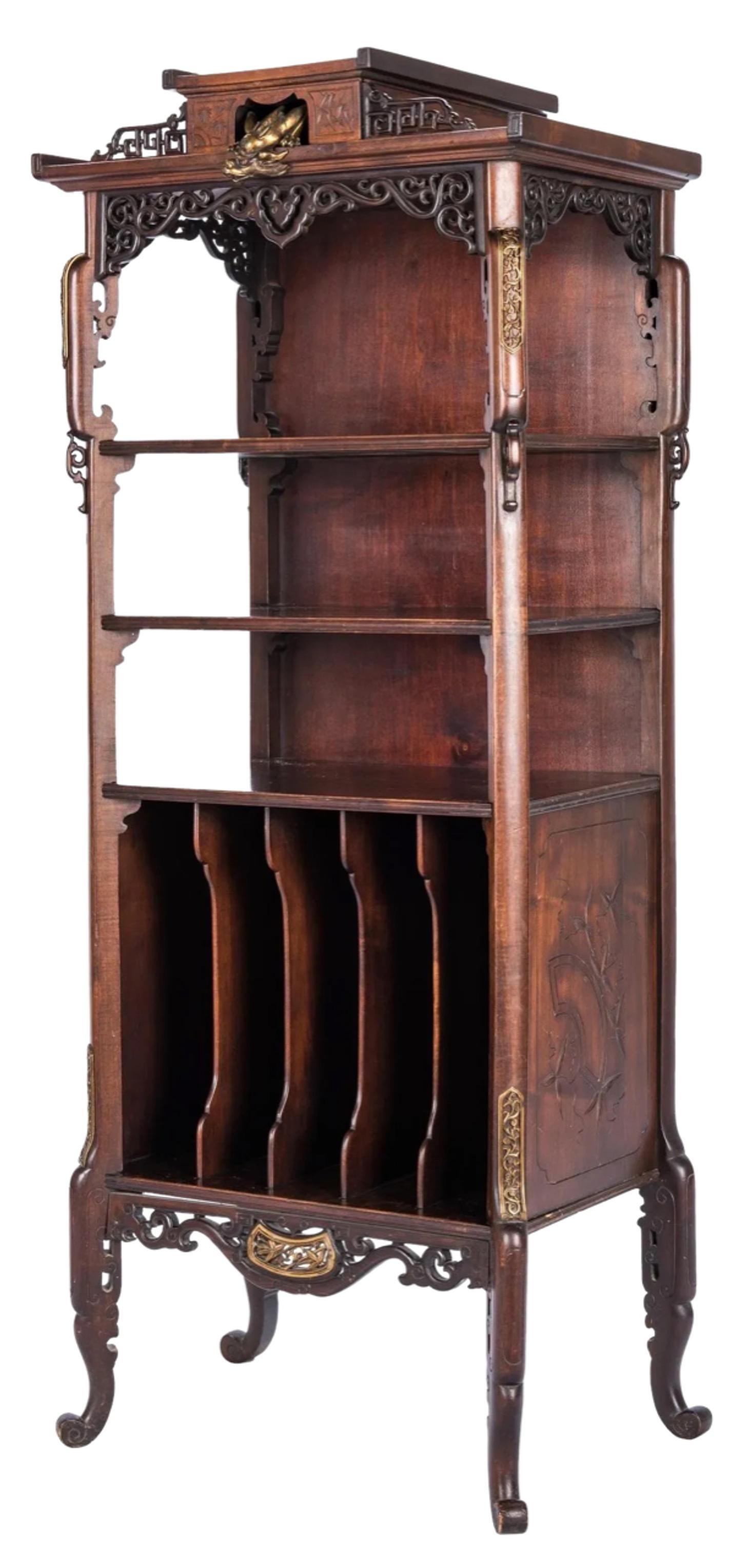 A magnificent 19th-century French chinoiserie music cabinet created by the renowned artist Gabriel Viardot (France, 1888-1964) graces this exceptional piece, bearing the artist's signature proudly on one of its legs. This music etagere, elegantly