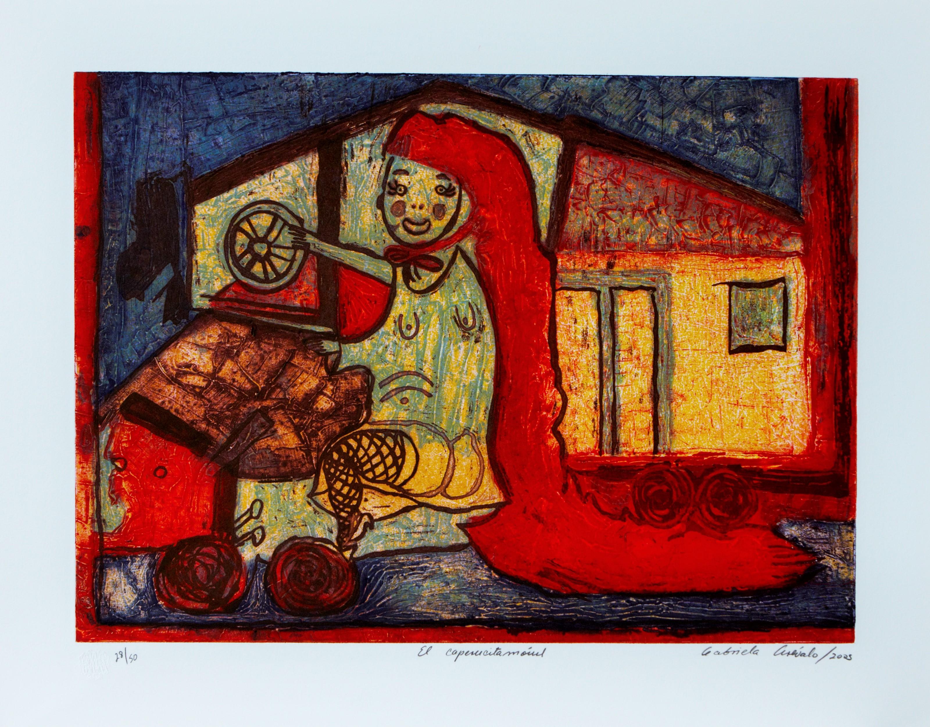 "Caperucita Roja Móvil" mujer mexicana artista grabado original firmado