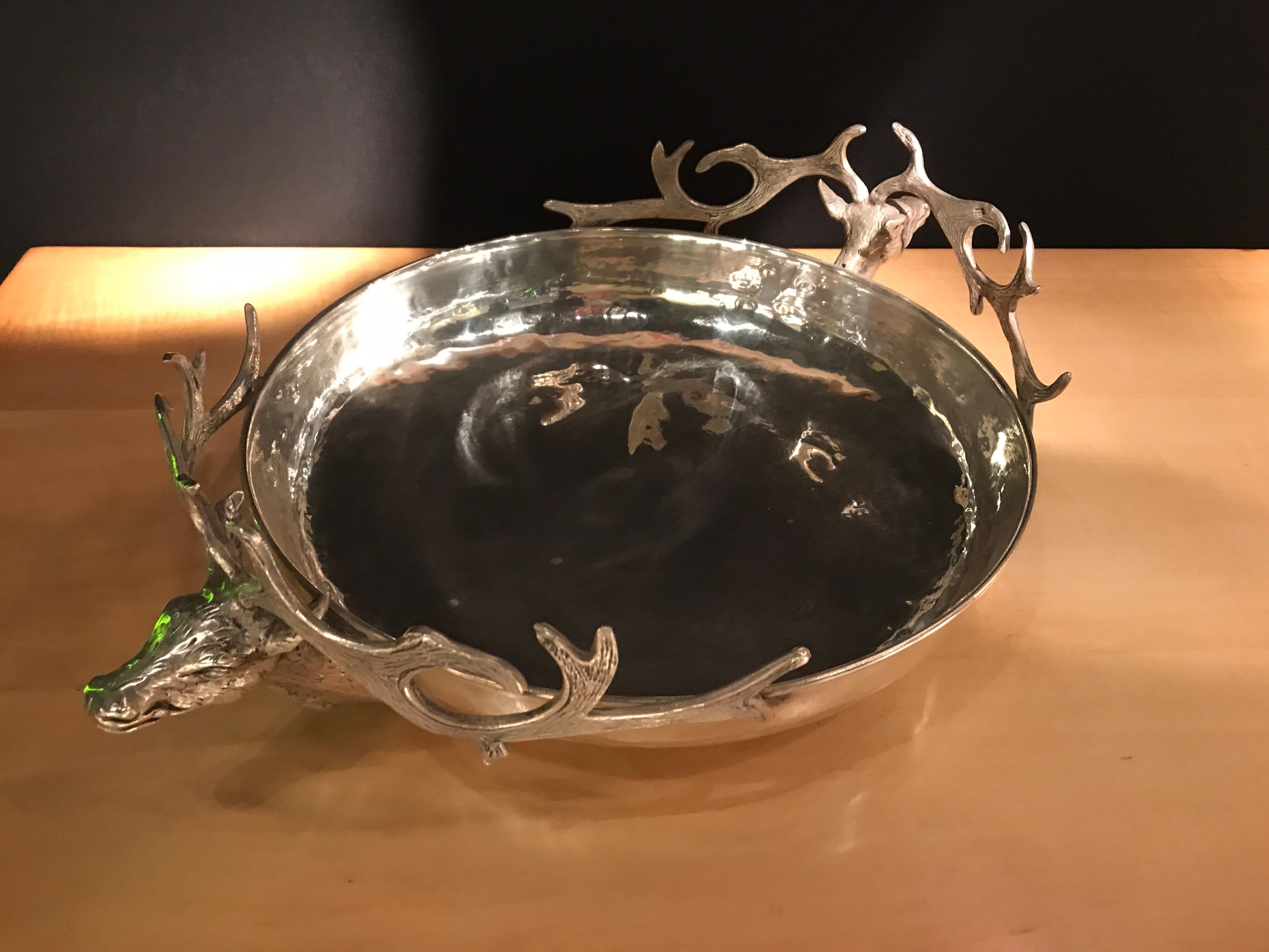 1970s Gabriela Crespi hammered metal with deer heads tray or bowl. Signed on the side.