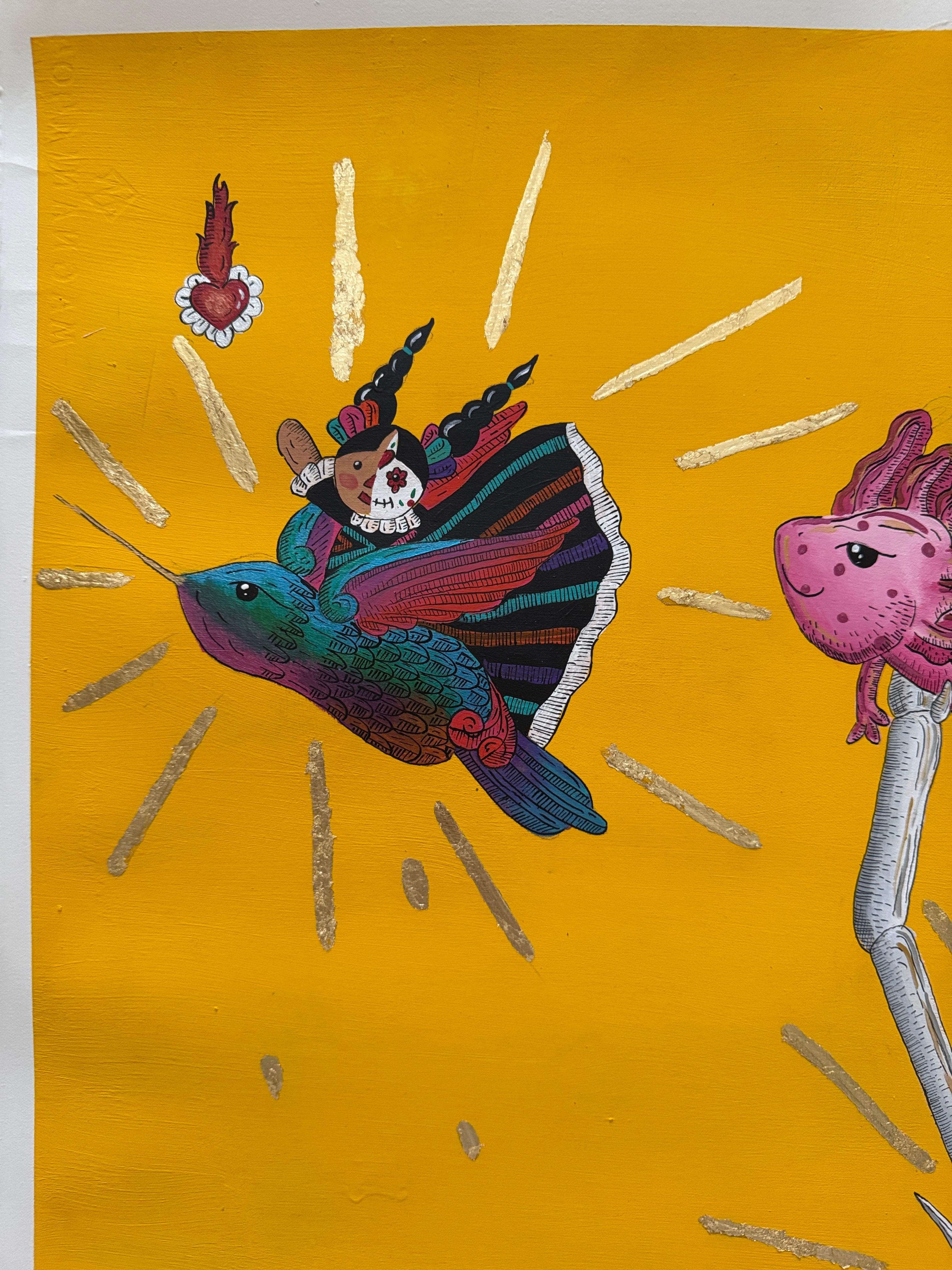 Un Milagrito Volador 
Artista firmato e intitolato.
Acrilico, inchiostro di china su carta d'archivio. 
Gabriela Fournier giovane artista messicana emergente, nata a Guanajuato nel 2001. Lei  ha scoperto l'arte in tenera età, ma non tutti in Messico