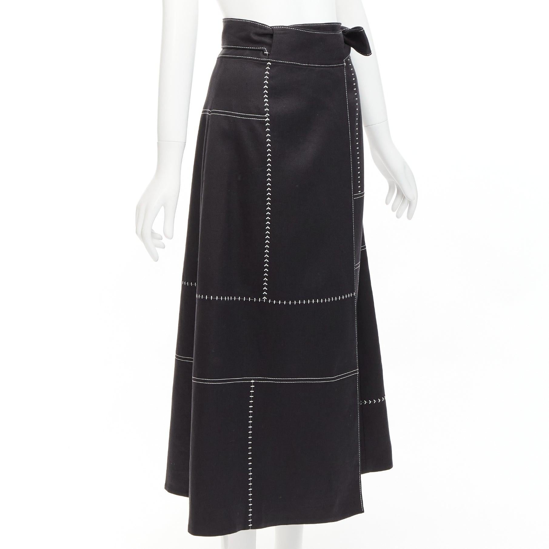 GABRIELA HEARST black 100% linen white overstitched panel wrap skirt IT36 XXS In Excellent Condition For Sale In Hong Kong, NT